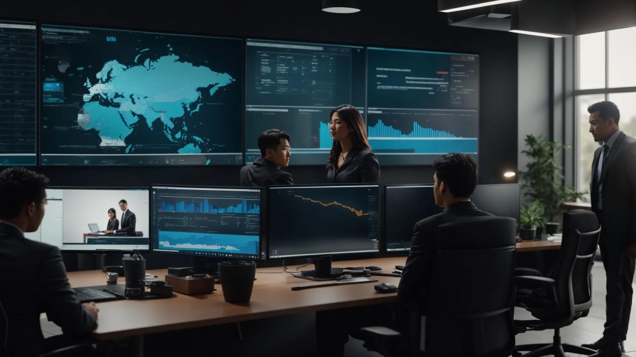 a modern, well-lit office space showcases a large digital screen displaying a detailed security dashboard, with a diverse group of professionals engaged in a collaborative document management session, emphasizing trust and technological integrity in file protection.