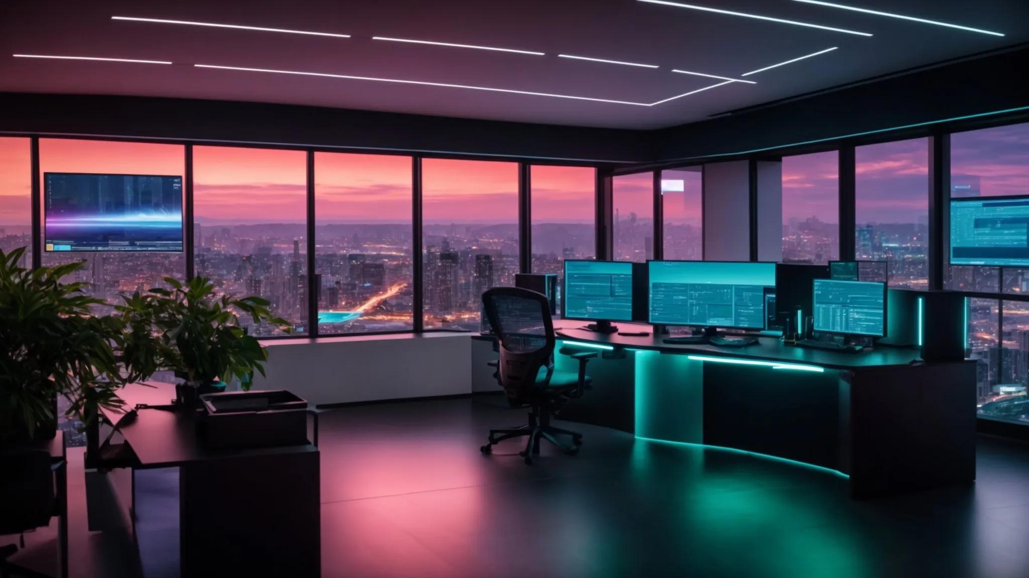 a sleek, high-tech office environment features a large digital display illustrating advanced encryption methods and layered security protocols, with a futuristic computer workstation prominently displaying encrypted document storage processes in vivid colors.