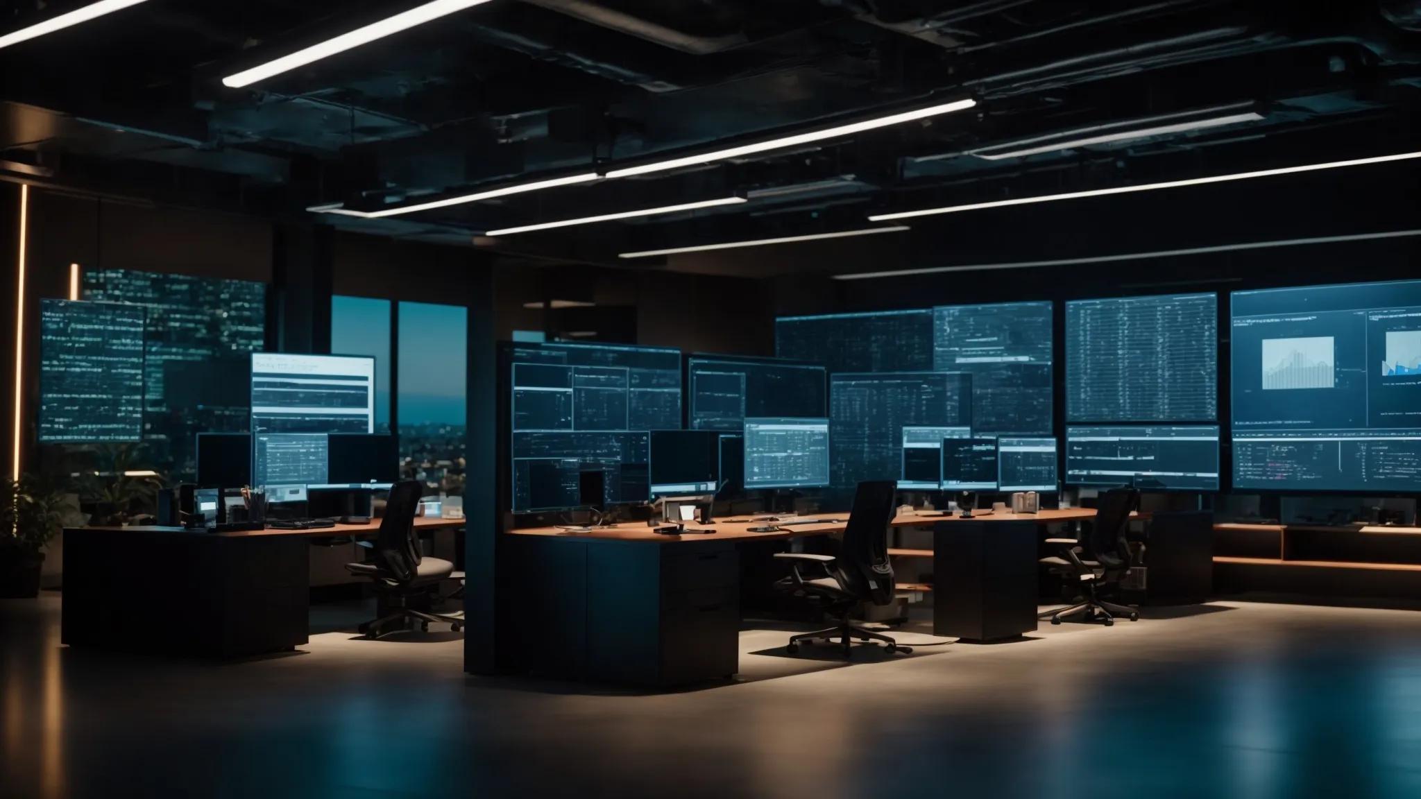 a sleek, high-tech office workspace filled with digital dashboards displaying user access control data, illuminated by modern led lighting, emphasizing the importance of cybersecurity and document protection.