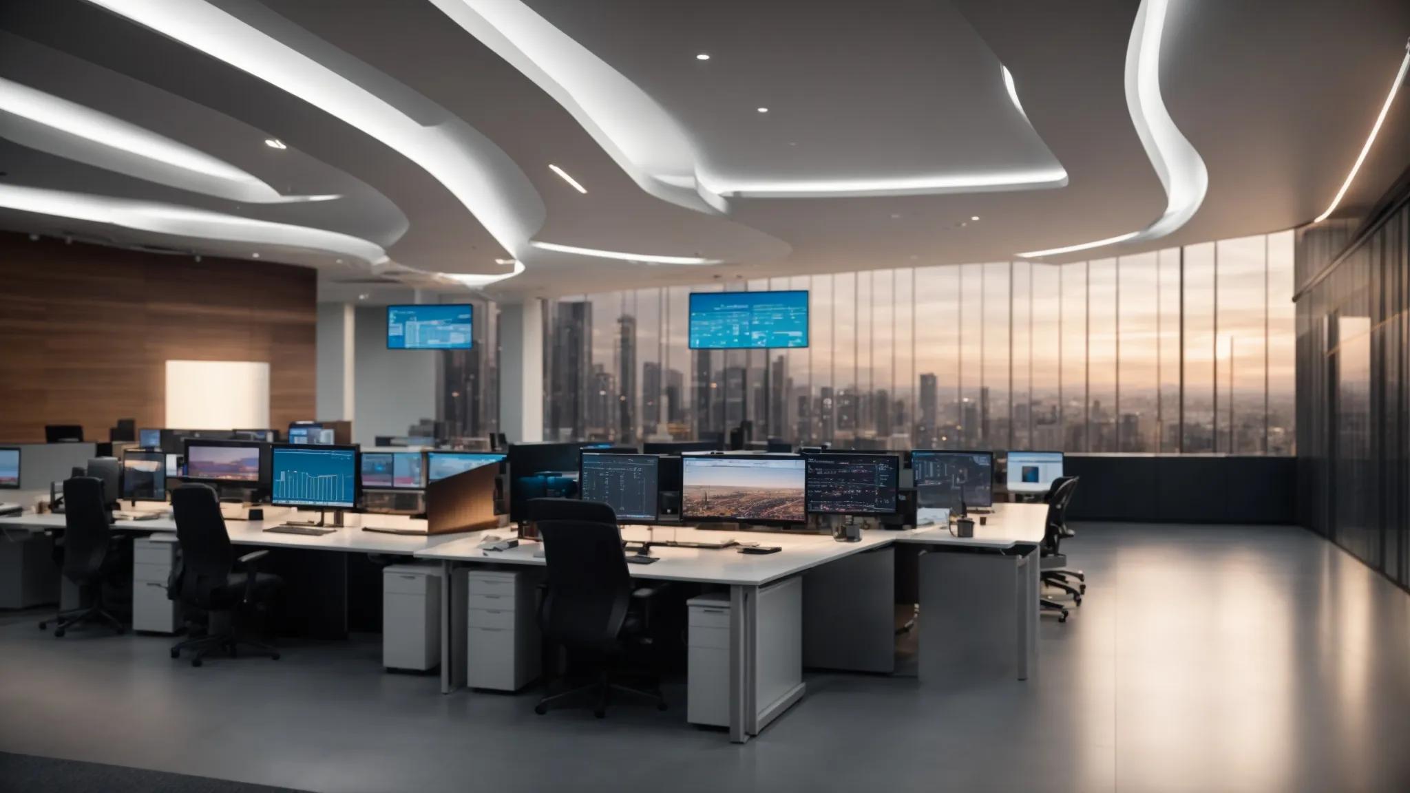 a sleek, high-tech office workspace illuminated by ambient lighting showcases a large digital display analyzing user behavior metrics, highlighting advanced authorization strategies in action through dynamic graphs and real-time security alerts, reflecting a culture of accountability and robust data protection.