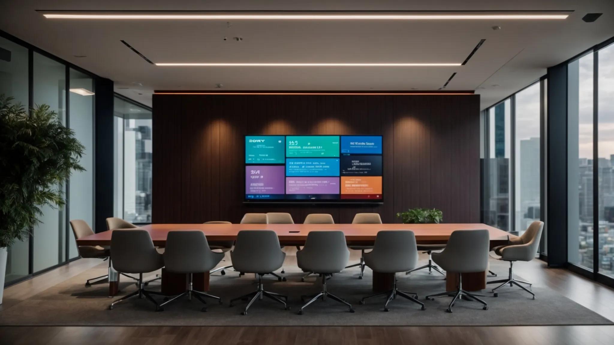 a sleek, modern conference room showcases a polished table displaying a high-tech digital screen featuring a colorful comparison chart of secure cloud storage providers for estate planning, illuminated by warm, ambient lighting that enhances the professional atmosphere.