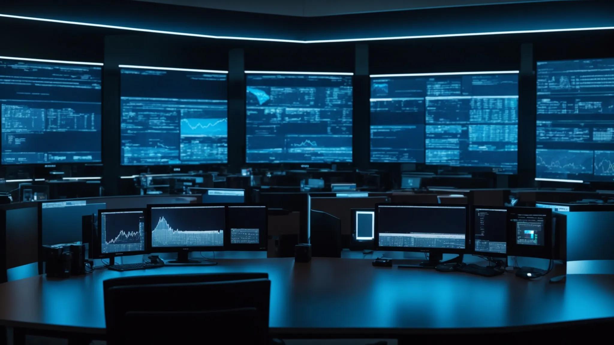 a sleek, modern cybersecurity command center filled with monitors displaying real-time data on user access controls and security audits, illuminated by cool blue lighting, captures the essence of secure digital document management and advanced threat detection.