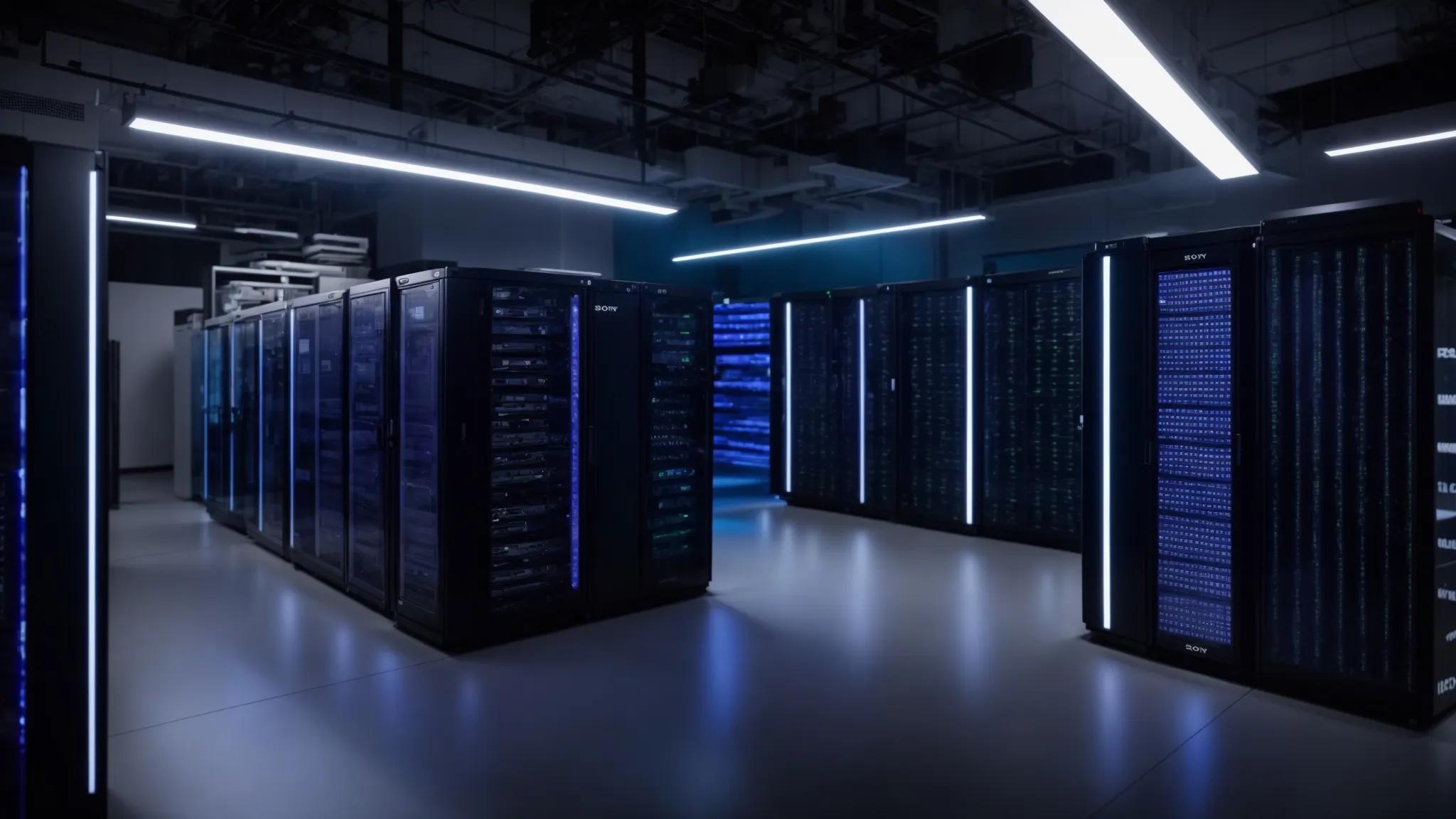 a sleek, modern data recovery center filled with server racks and digital displays, illuminated by focused overhead lighting, showcasing the importance of offsite backup arrangements for document safety in a secure, high-tech environment.