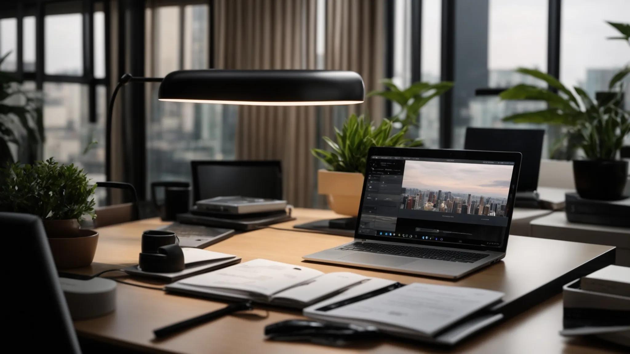 a sleek, modern office desk is prominently featured, adorned with an open laptop displaying a visually appealing table comparing local and cloud backup solutions, alongside a neatly arranged notepad filled with bullet points highlighting their key benefits and precautions.