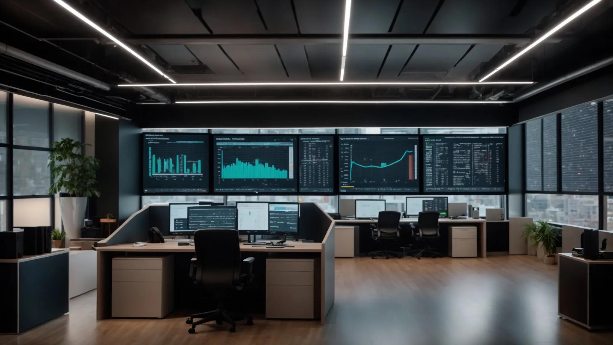 a sleek, modern office environment features computer screens displaying dynamic graphs and real-time monitoring dashboards, encapsulating the essence of automated document backup tools in action, with an air of efficiency and security.