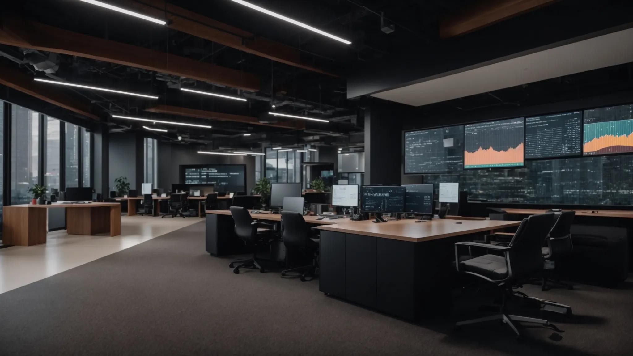 a sleek, modern office environment features a large digital display showcasing real-time data recovery metrics alongside automation tools, emphasizing industry best practices in data management and security protocols.