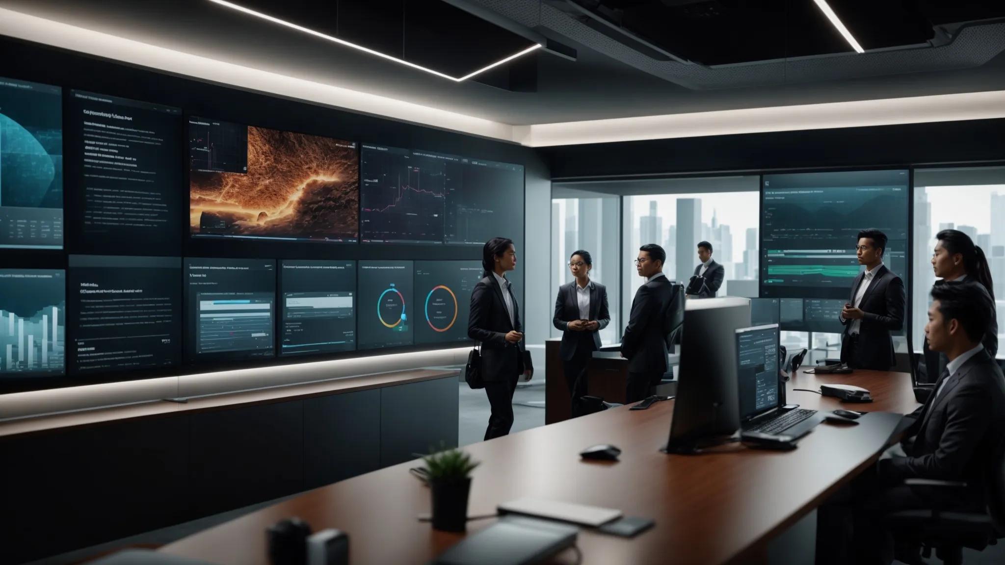 a sleek, modern office environment featuring a high-tech digital dashboard displaying user access control metrics, with a diverse team engaged in a discussion around security protocols and strategies highlighted by vibrant infographics on a large screen.