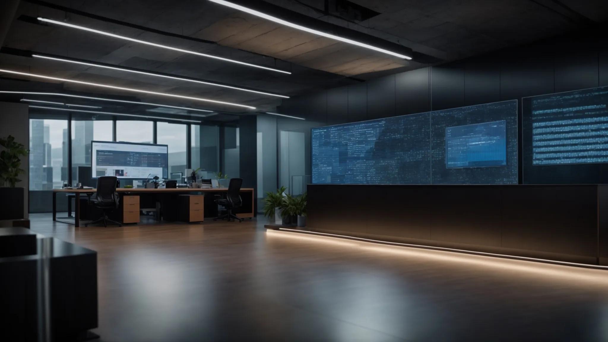 a sleek, modern office environment featuring a digital display showcasing comprehensive data security protocols, with visual elements highlighting encryption practices and compliance standards for secure document storage.