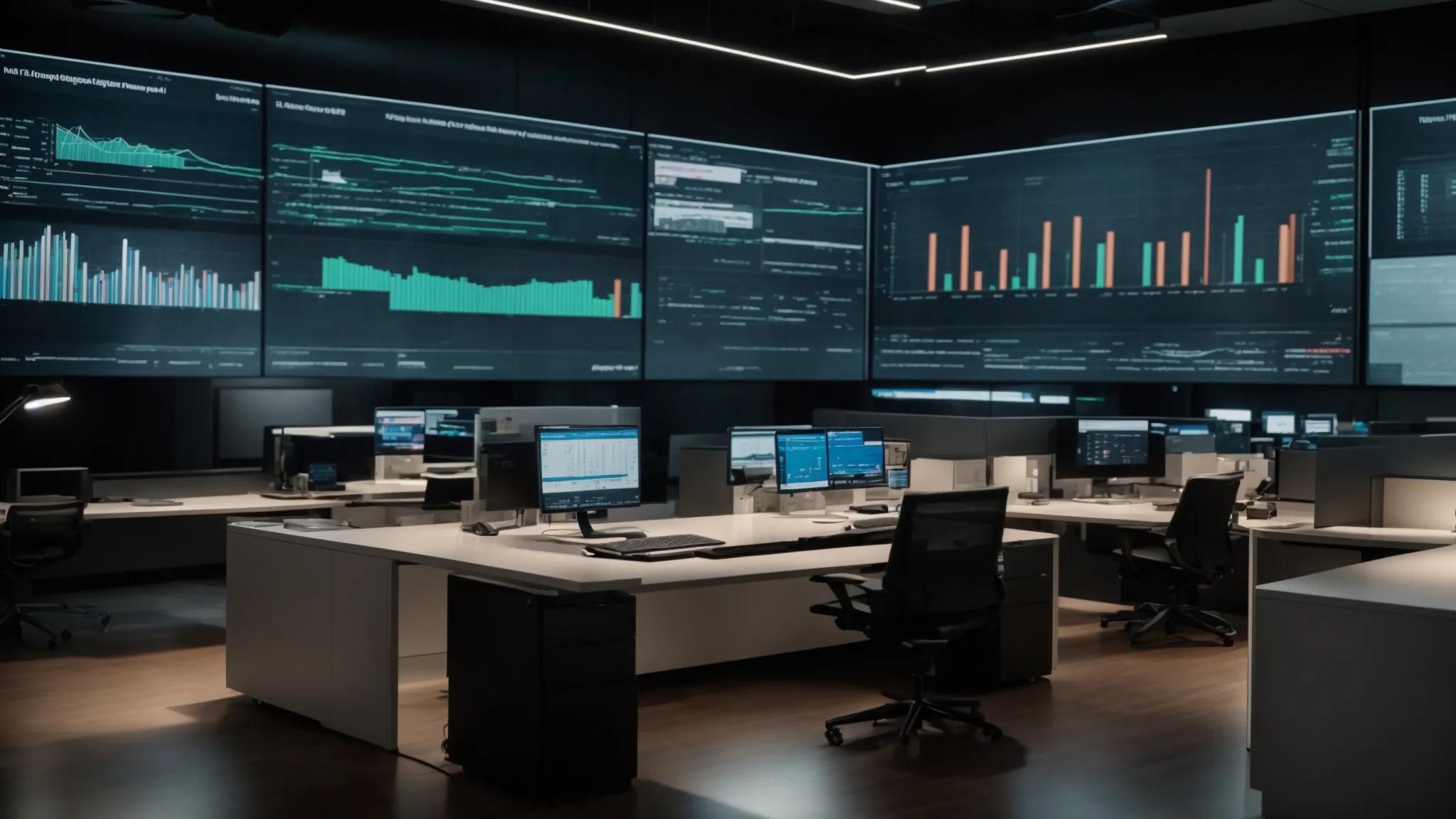 a sleek, modern office environment features large, illuminated displays showcasing real-time access logs and analytics dashboards, symbolizing the rigorous monitoring and auditing of document security in action.