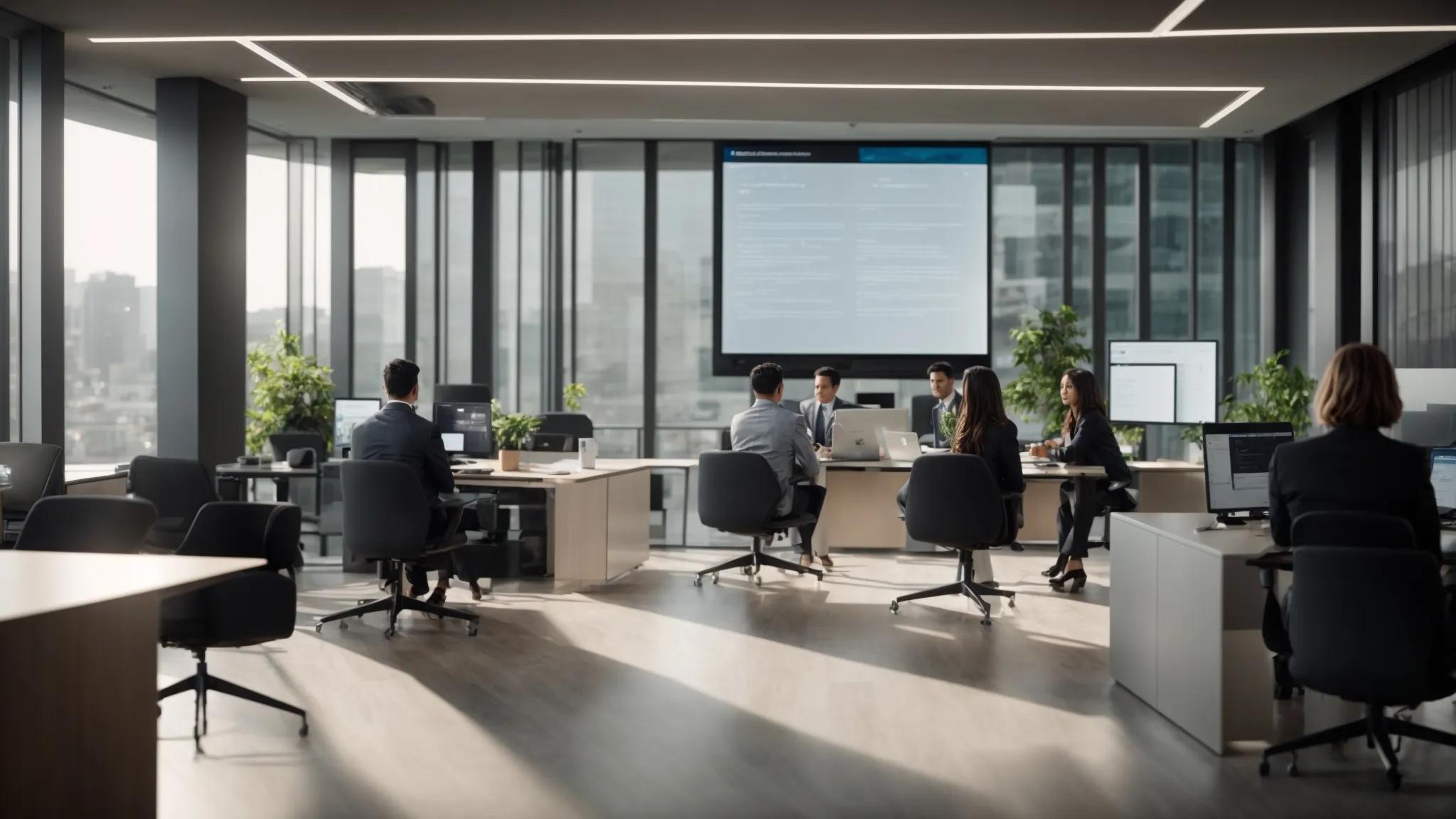 a sleek, modern office environment features a large screen displaying a digital platform for secure cloud document storage, with a diverse group of professionals engaged in a collaborative discussion about estate planning strategies and security features.