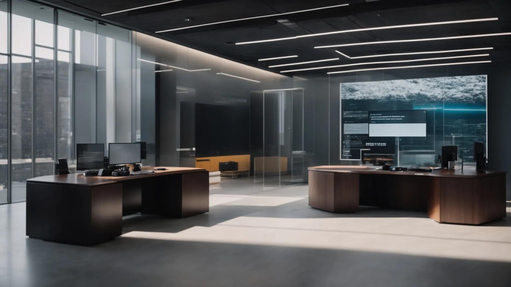 a sleek, modern office environment features a digital display showcasing a cryptographic hash function and a secure document management interface, illustrating the robust mechanisms of encryption protocols that safeguard data integrity and privacy.