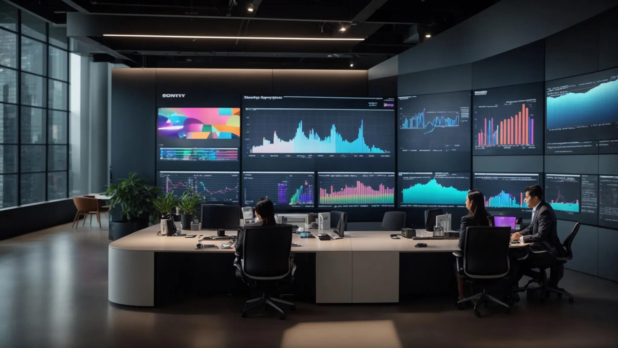 a sleek, modern office environment features a large digital display showcasing colorful graphs and statistics about encrypted cloud storage security, with professionals engaged in animated discussions around a high-tech conference table.