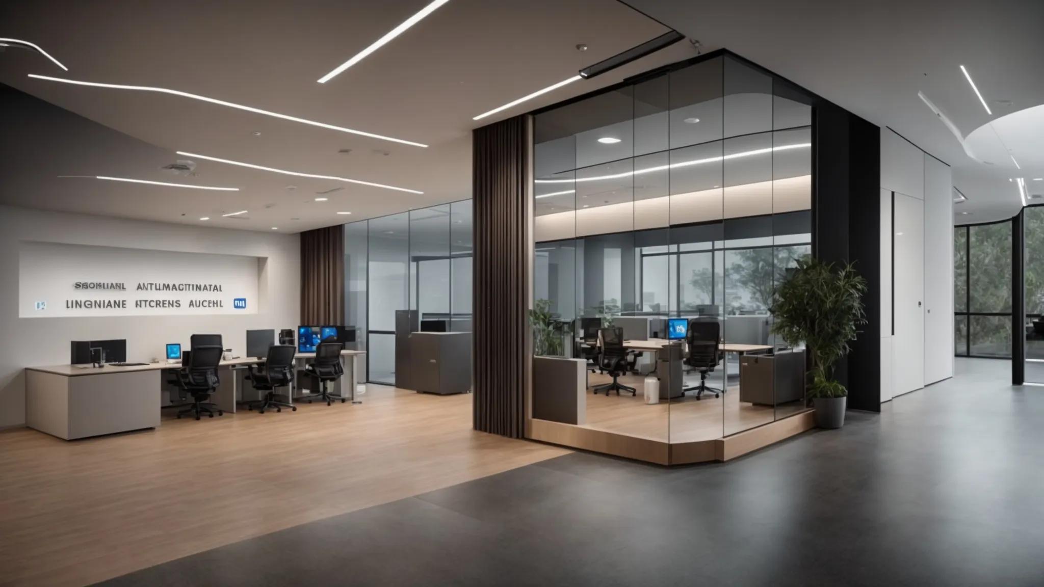 a sleek, modern office environment features a digital dashboard displaying automated access control workflows and secure storage configurations, emphasizing the intersection of advanced encryption technology and user role management in safeguarding sensitive information.