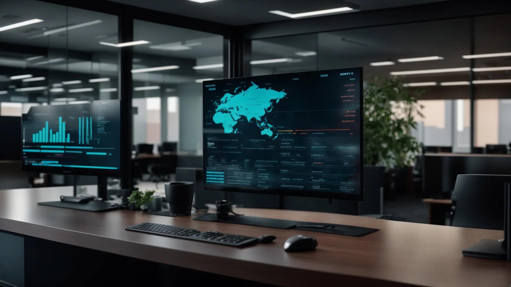 a sleek, modern office environment features a digital screen displaying cybersecurity statistics, highlighting the importance of user access control methods like multi-factor authentication and role-based access management.