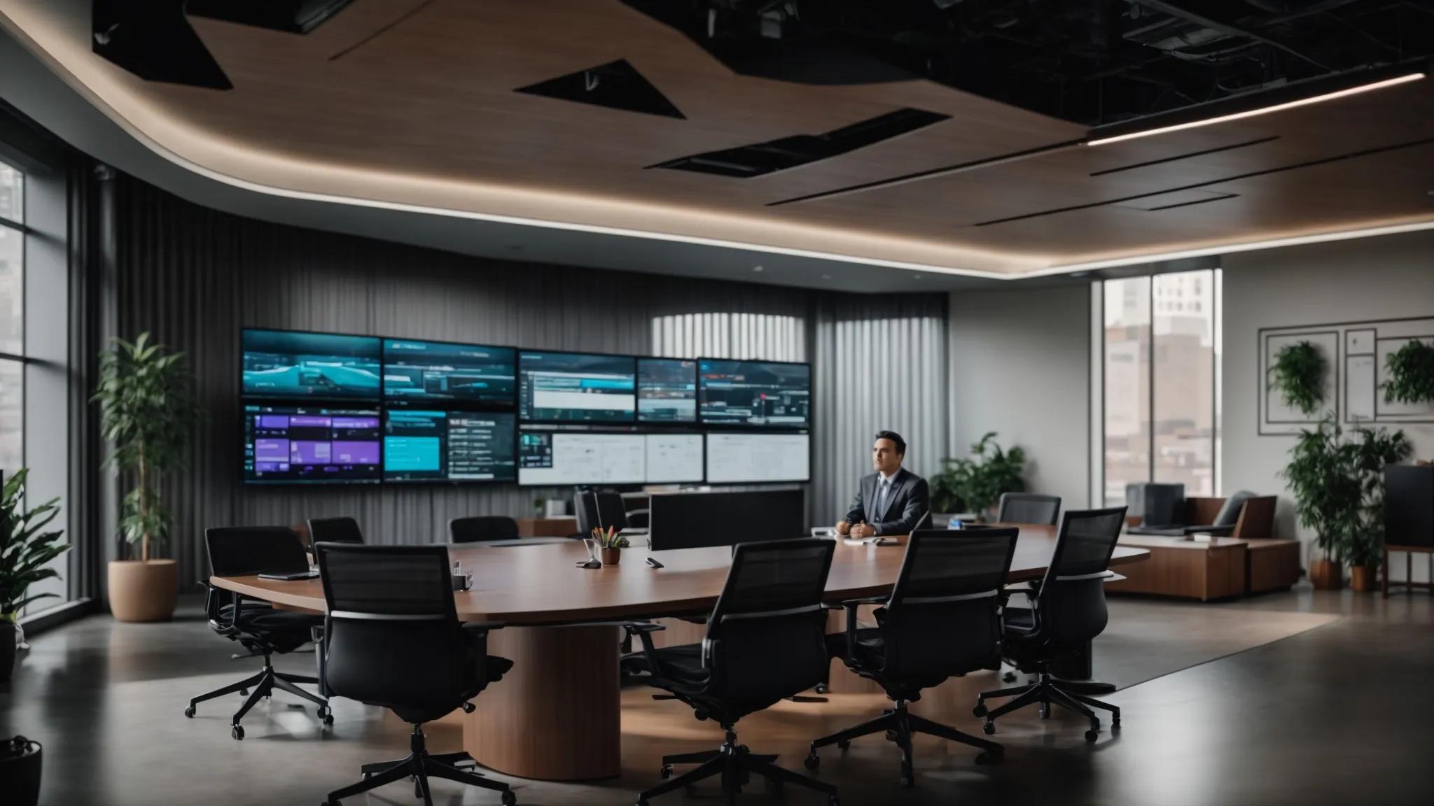 a sleek, modern office environment showcases a large digital display highlighting the benefits of hybrid backup solutions, with professionals engaging in animated discussion around a polished conference table equipped with high-tech devices.