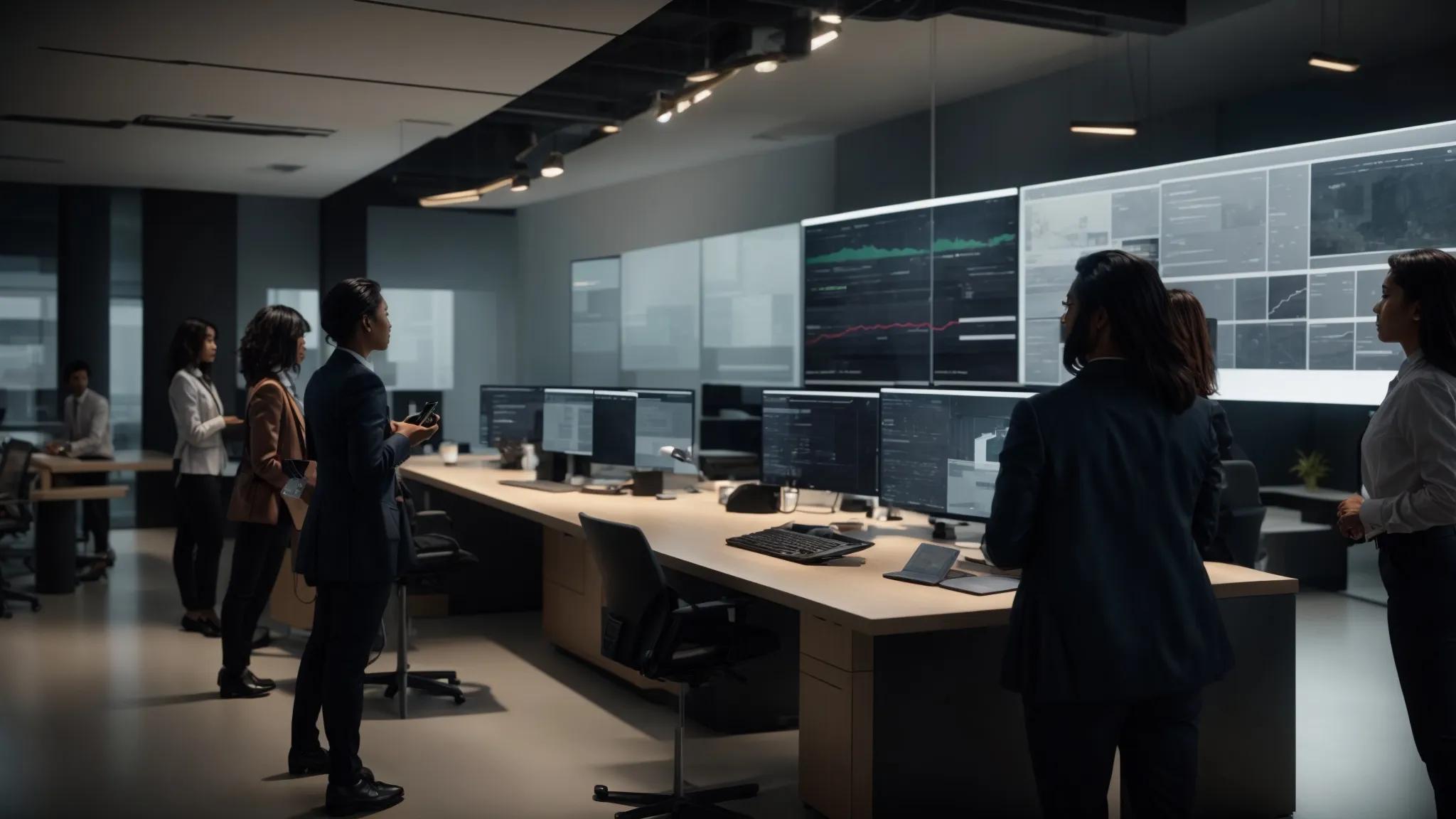 a sleek, modern office environment showcases a diverse group of professionals engaged in a collaborative discussion around a digital display, with visual representations of local and cloud backup solutions illuminating their strategy for data protection and preservation.