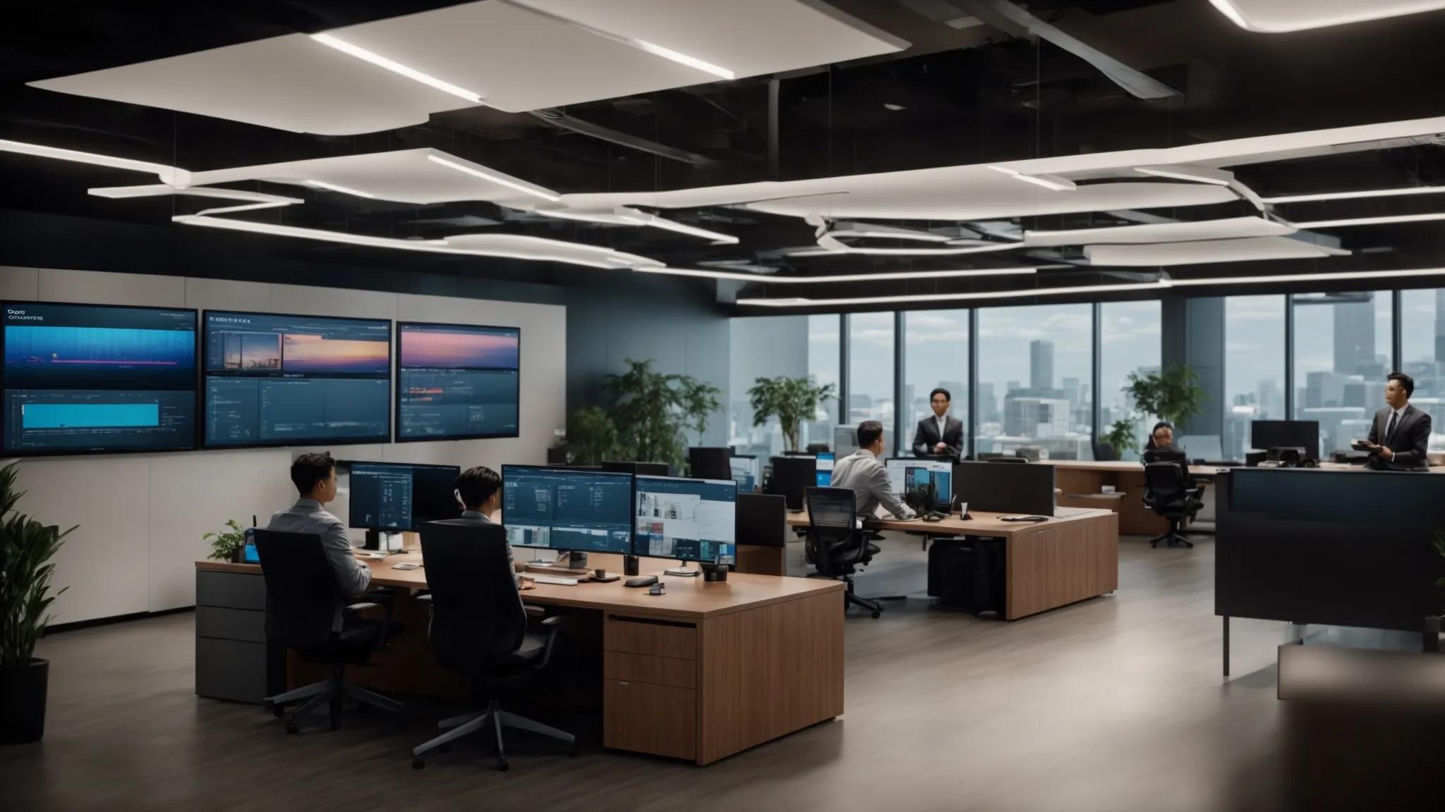 a sleek, modern office environment showcases a diverse team collaborating around a large digital screen displaying a vibrant cloud storage dashboard, emphasizing the convenience and security of scalable backup solutions in a digitally connected workspace.