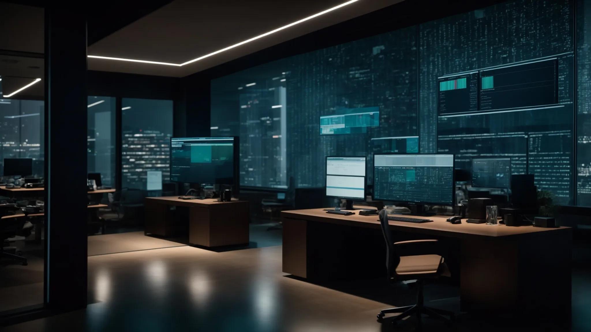 a sleek, modern office environment showcases a glowing computer screen displaying encrypted documents, highlighted by dynamic visualizations of advanced encryption techniques and secure digital protocols, symbolizing robust cybersecurity measures in an increasingly digital world.