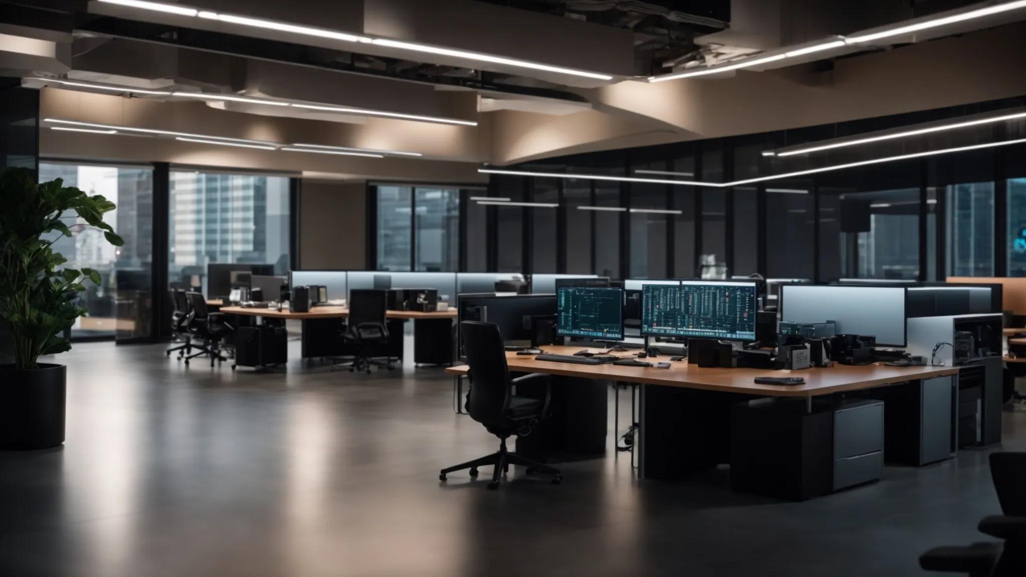 a sleek, modern office environment showcases a high-tech workstation illuminated by soft led lighting, featuring a dual-monitor setup displaying encrypted data transmission visuals and cybersecurity protocols, embodying the essence of secure digital document management.