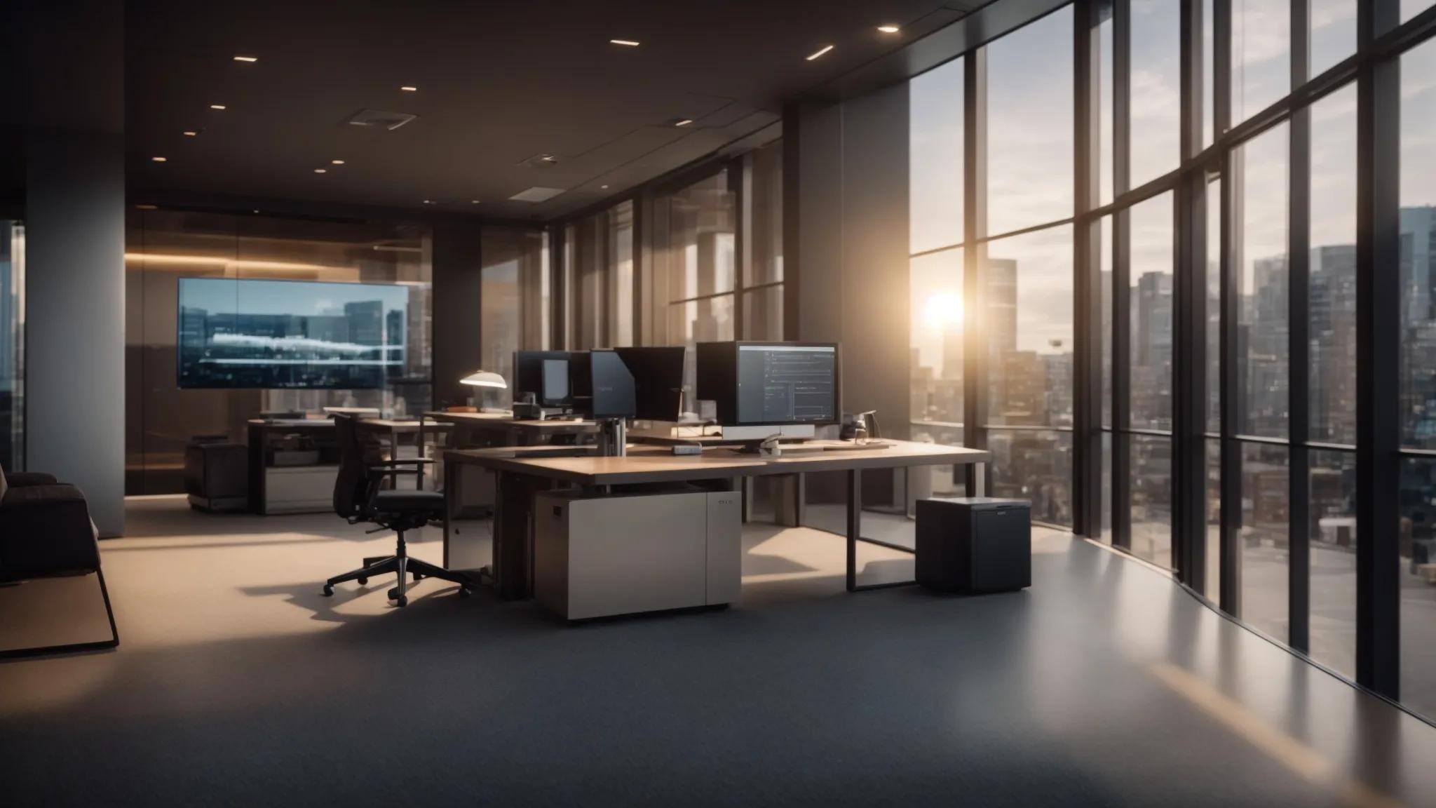 a sleek, modern office environment showcases a digital interface displaying advanced document security features, with an atmosphere of innovation and trust, illuminated by soft, professional lighting.