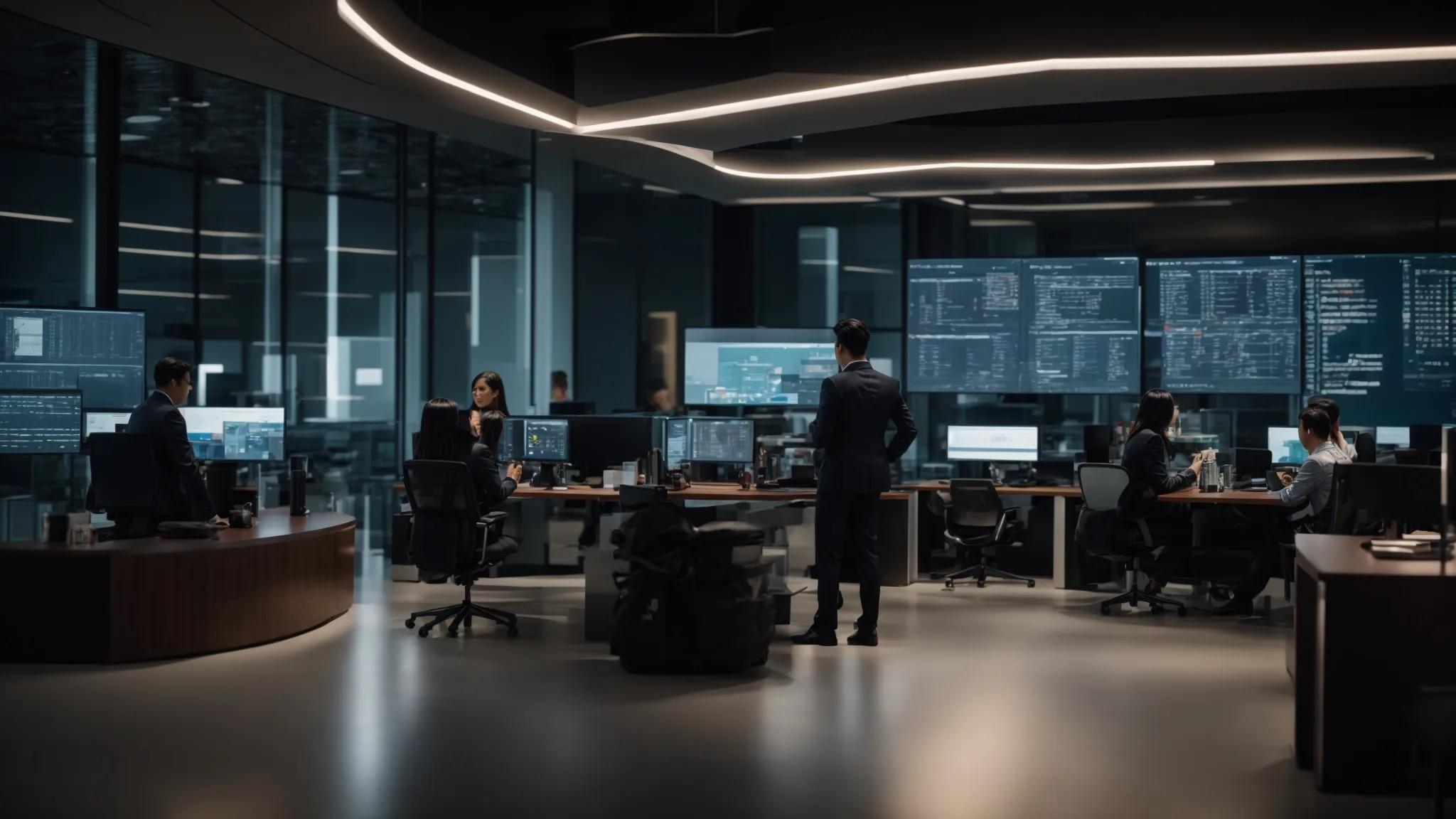 a sleek, modern office environment showcases a diverse team engaged in a dynamic discussion around a digital screen, highlighting a robust document governance strategy through vibrant visuals of cybersecurity elements and graphs representing access controls and encryption.