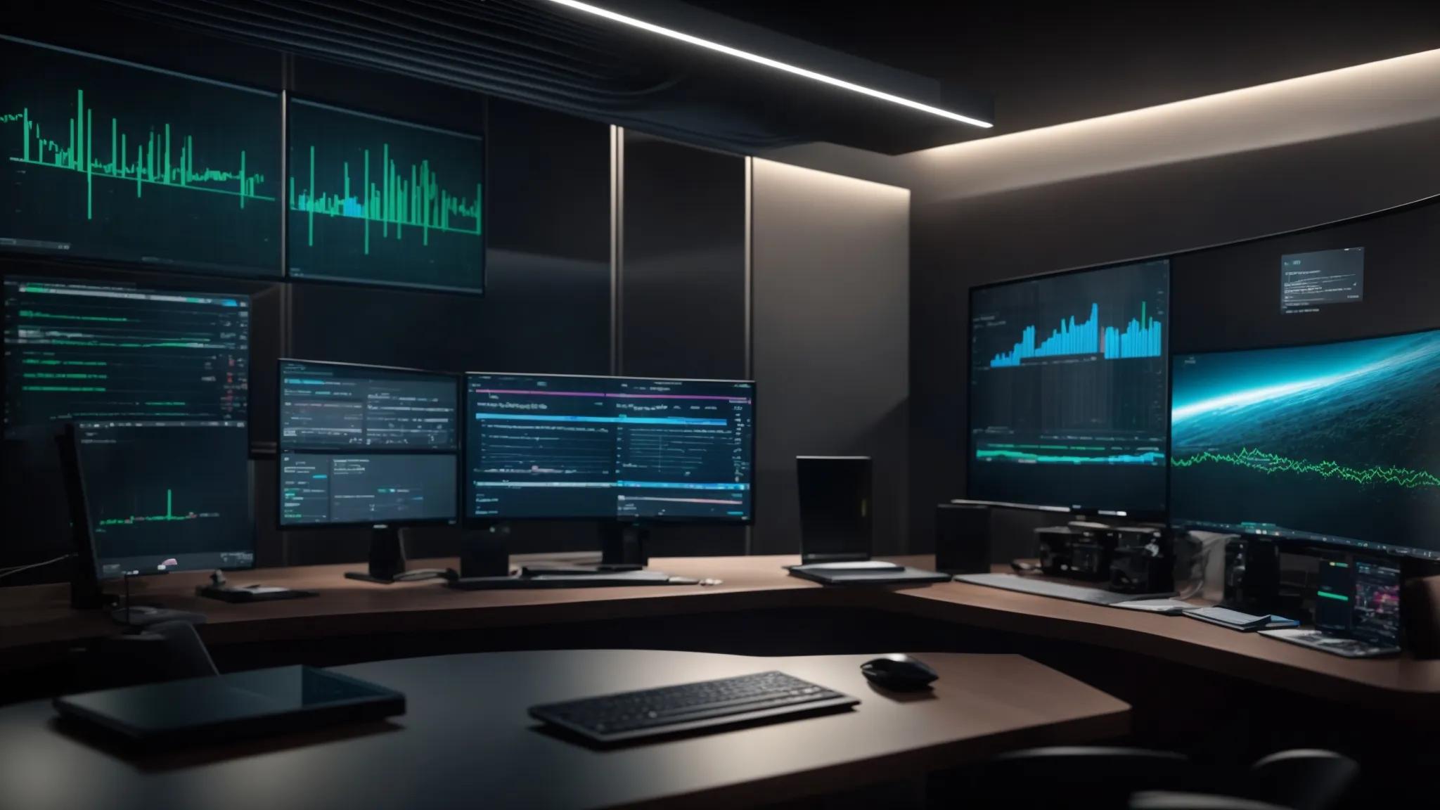 a sleek, modern office environment showcases a high-tech dashboard displaying vibrant data analytics and user access controls, emphasizing advanced tools for secure file sharing management against a backdrop of digital security graphics and monitors.