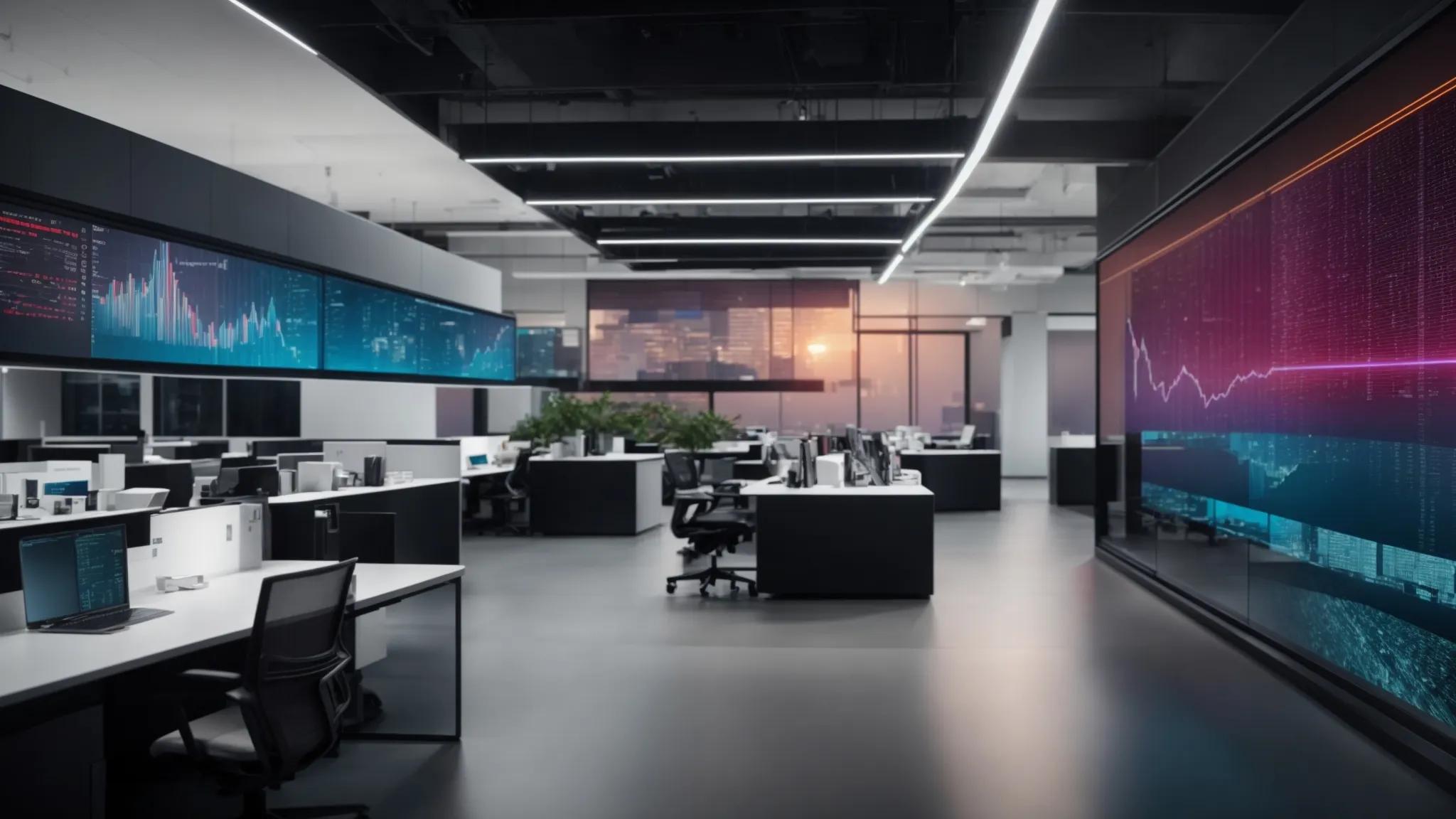 a sleek, modern office environment showcases a digitally interactive display highlighting innovative technologies like ai and blockchain, illustrating their impact on secure document storage compliance standards with vibrant infographics and data visualizations.