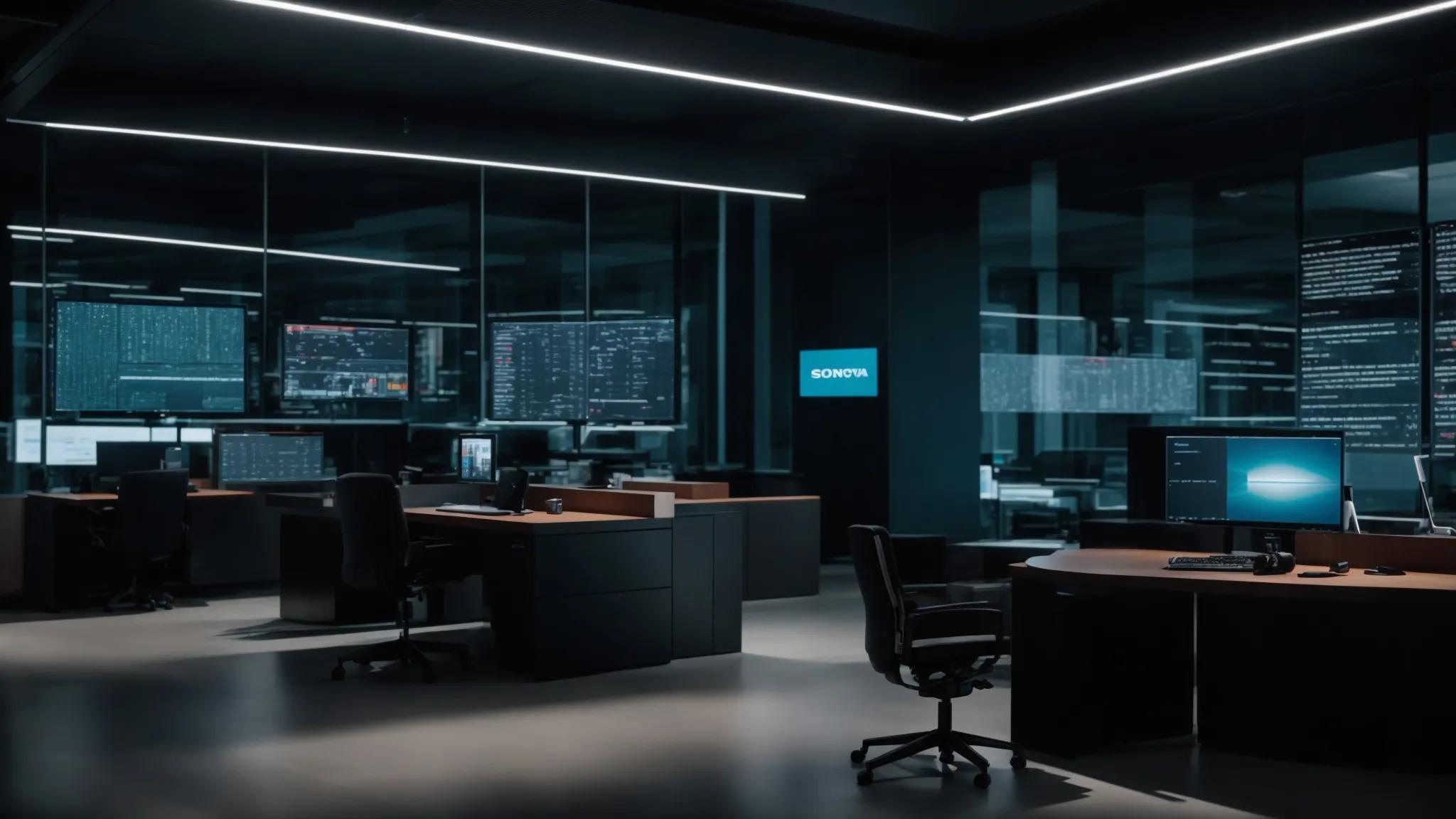 a sleek, modern office environment showcases a large digital screen displaying encryption protocols and security features, with a futuristic workstation featuring biometric authentication devices, emphasizing the theme of secure cloud storage.
