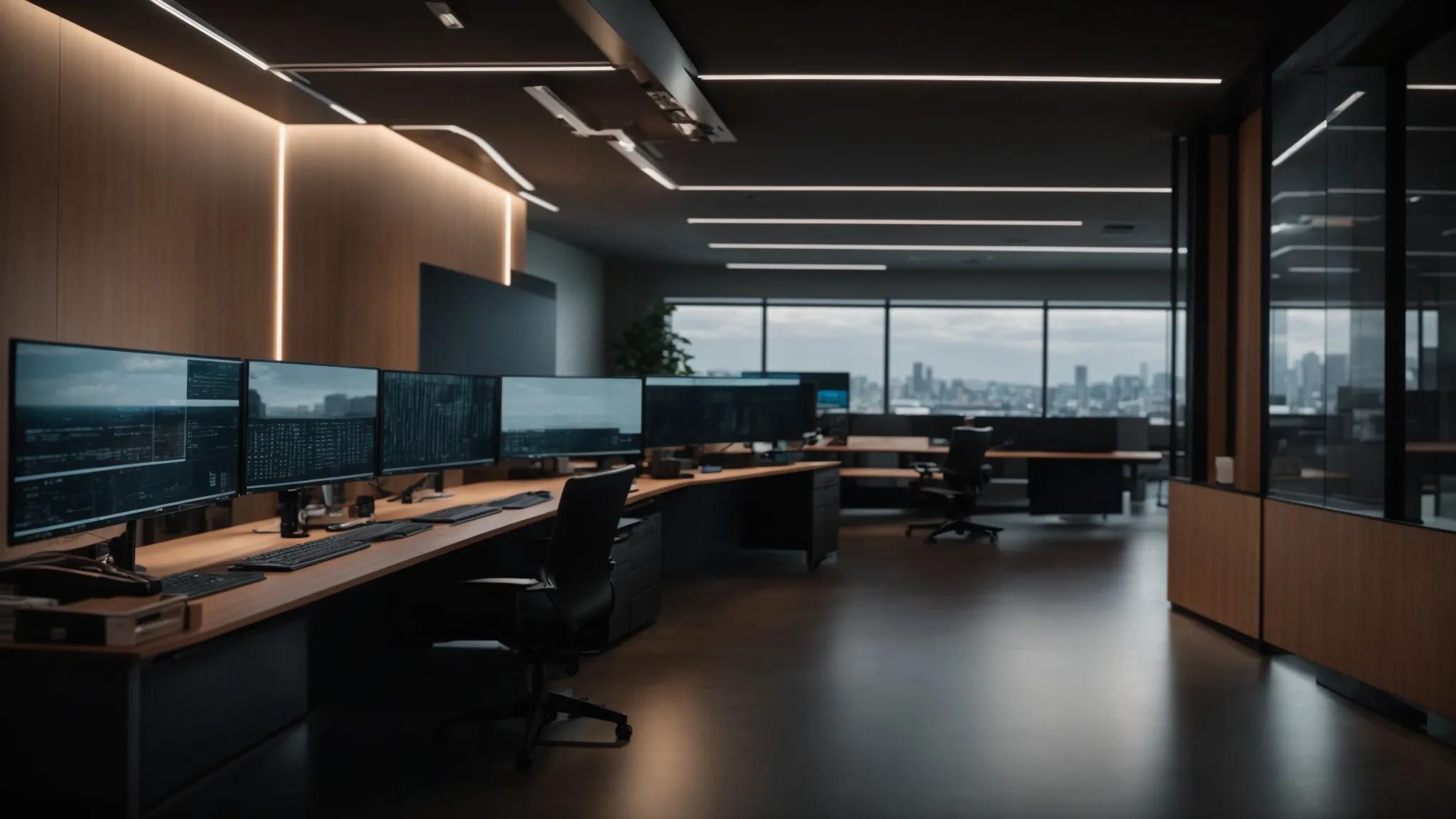 a sleek, modern office environment showcases advanced technology with multiple screens displaying encrypted data streams, security protocols, and compliance certifications, emphasizing the importance of robust cloud storage solutions.