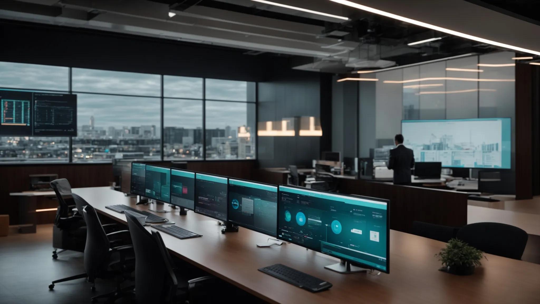 a sleek, modern office environment showcases a sophisticated digital dashboard displaying a hybrid backup strategy, emphasizing security measures and cloud solutions, while professionals engage in strategic discussions about safeguarding essential documents.