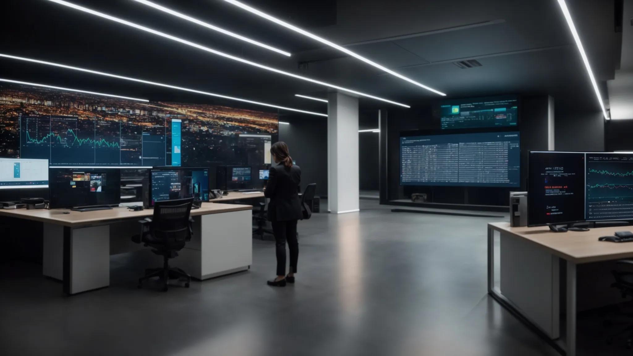 a sleek, modern office environment showcases a large digital screen displaying a vibrant infographic that contrasts various encryption techniques, with a professional engaged in discussion or analysis, illuminated by soft, focused overhead lighting.