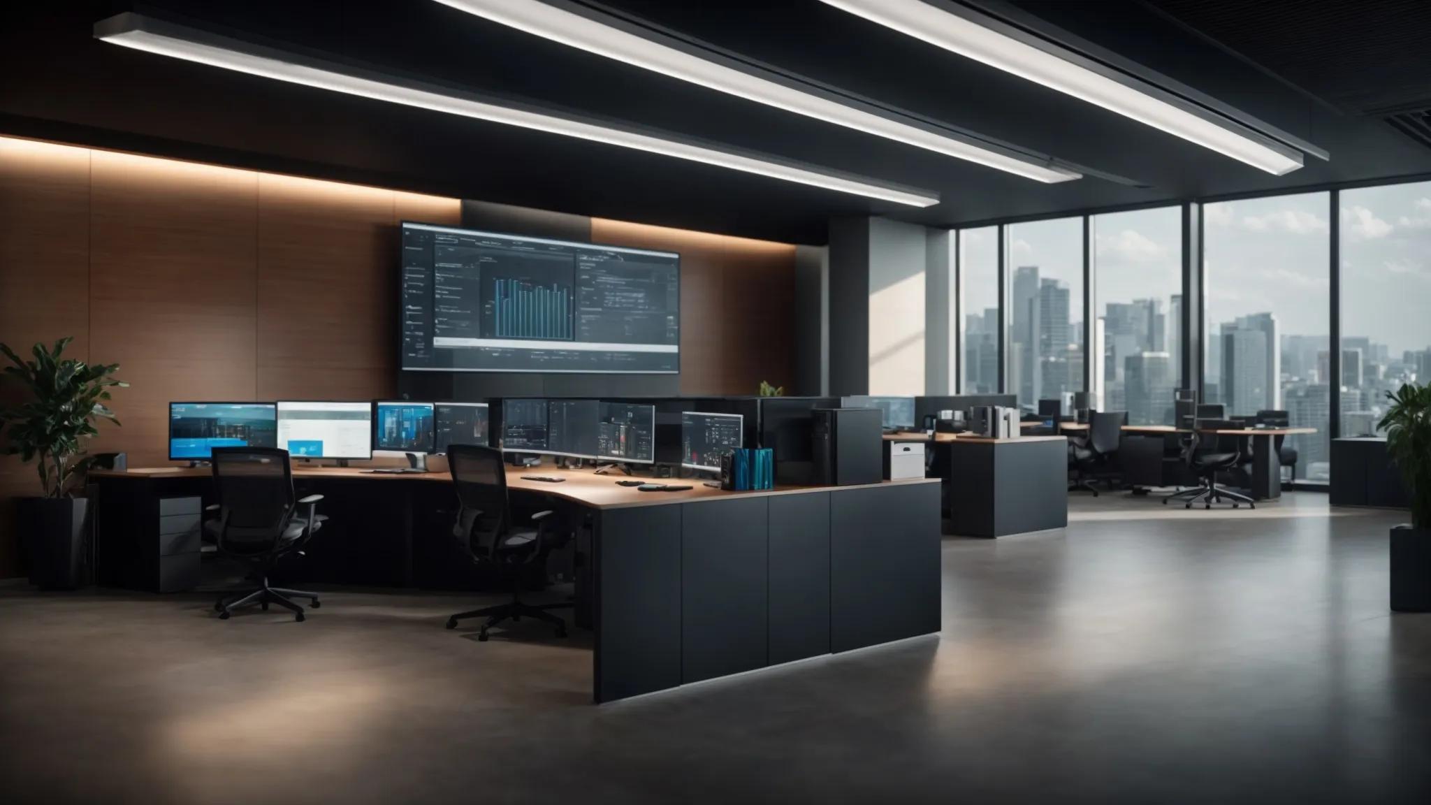 a sleek, modern office environment showcases a high-tech computer workstation displaying a vibrant interface illustrating various advanced security features for cloud document storage, with an emphasis on digital locks and encrypted data visuals.