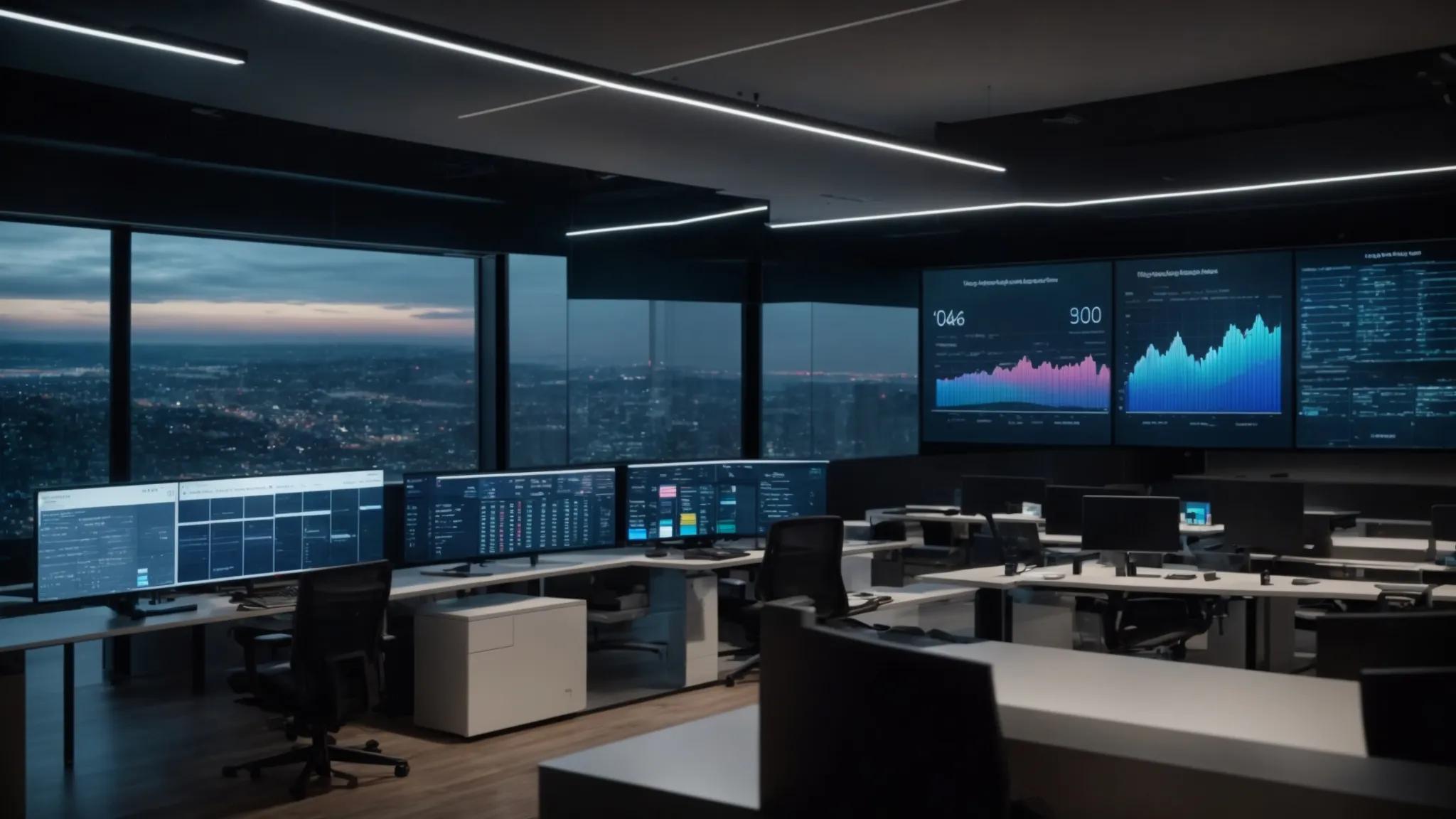 a sleek, modern office environment showcases a large screen displaying a digital dashboard of microsoft azure storage analytics, with high-tech security visuals and data flow graphics emphasizing enterprise-level protection and scalability under dramatic, focused lighting.