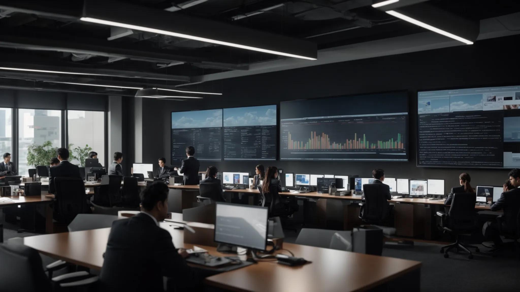 a sleek, modern office environment with a large digital display showcasing a secure document governance framework, featuring interacting team members engaged in a strategy session, illuminated by focused overhead lighting that highlights the importance of digital security and collaboration.