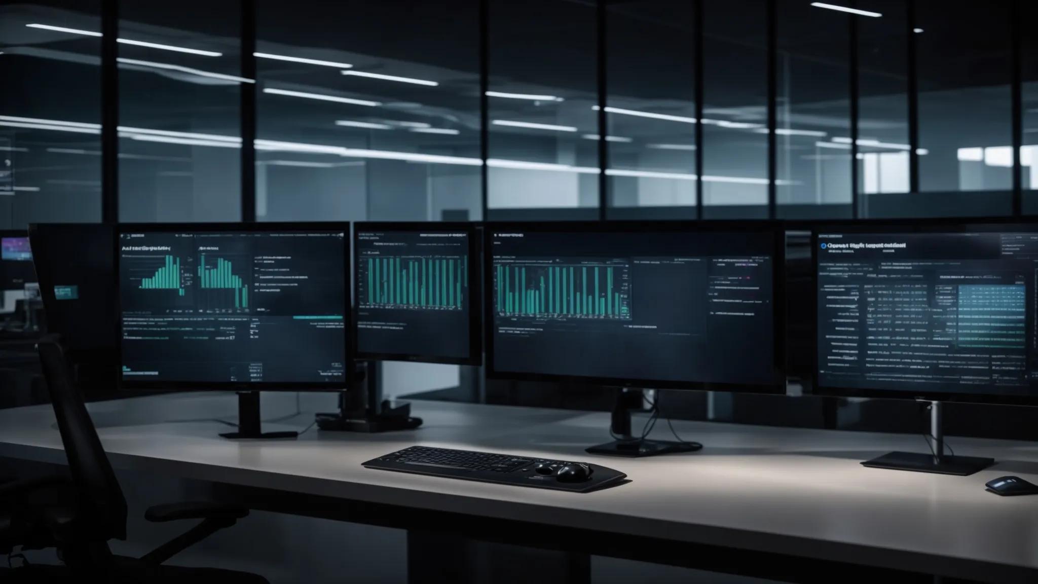 a sleek, modern office equipped with multiple computer screens displaying encrypted data backup systems, alongside a digital dashboard showcasing cloud storage solutions and automated recovery processes, emphasizing the synergy of hybrid document management strategies.