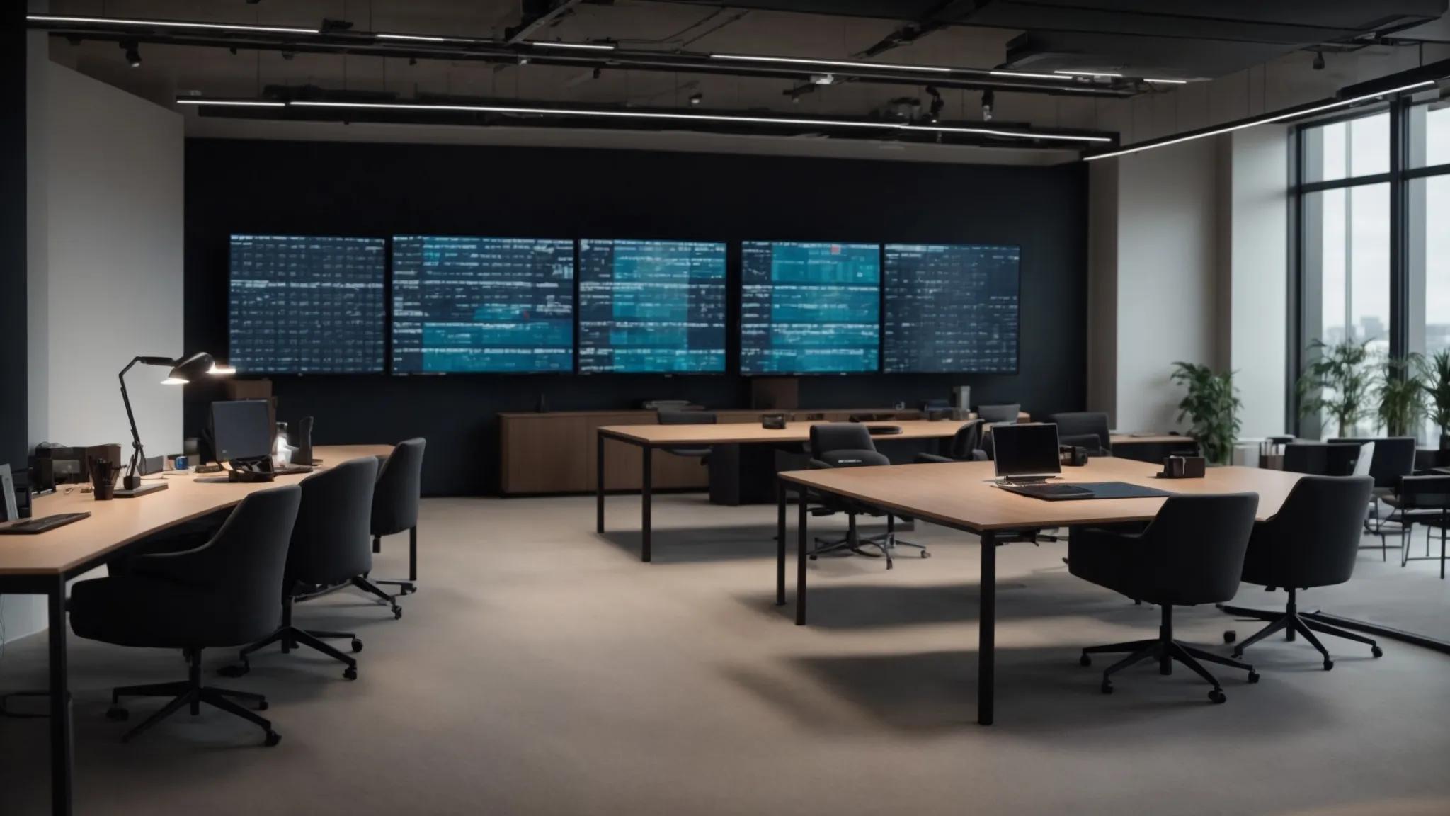 a sleek, modern office filled with digital screens displaying encrypted document storage protocols, alongside a training session where professionals engage in discussions about compliance best practices and security measures.