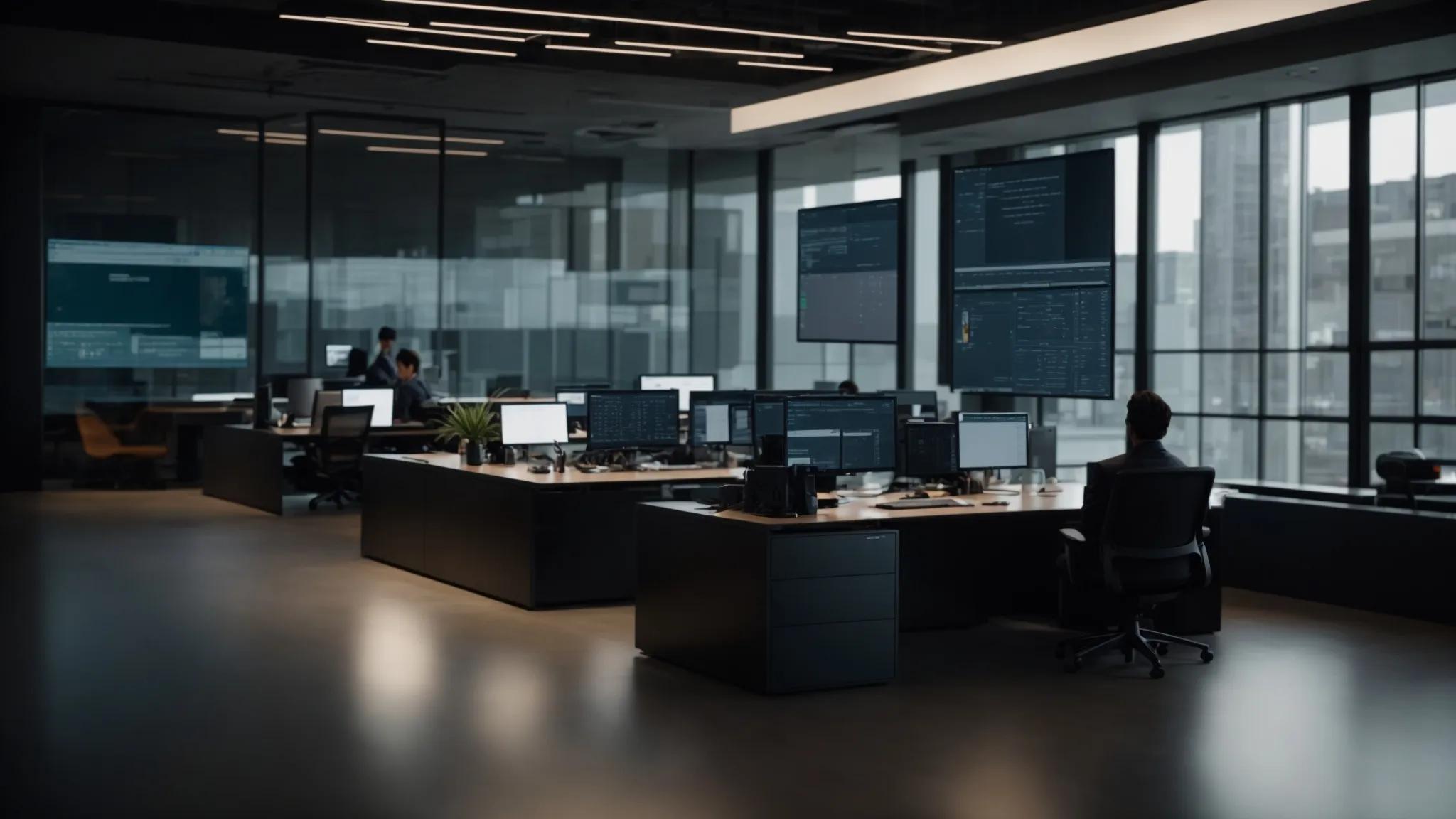 a sleek, modern office filled with diverse professionals collaborating around a high-tech digital dashboard, showcasing advanced encryption protocols and user-friendly integrations for secure document management.