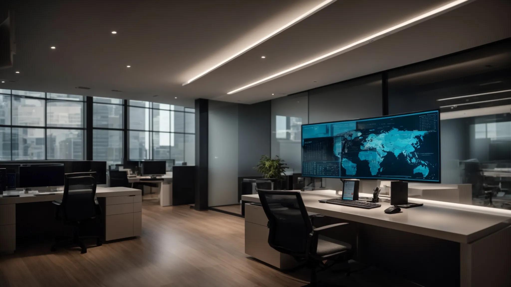 a sleek, modern office interior features a well-organized workspace with a high-tech computer displaying encrypted document files, emphasizing advanced cybersecurity strategies and the secure management of precious family documents in a digital age.