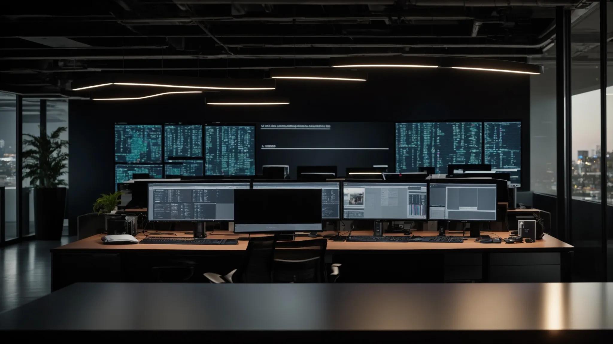 a sleek, modern office interior featuring a high-tech computer setup displaying amazon s3's secure data management interface, with multiple monitors showcasing robust analytics and secure storage processes illuminated by dynamic led lighting.