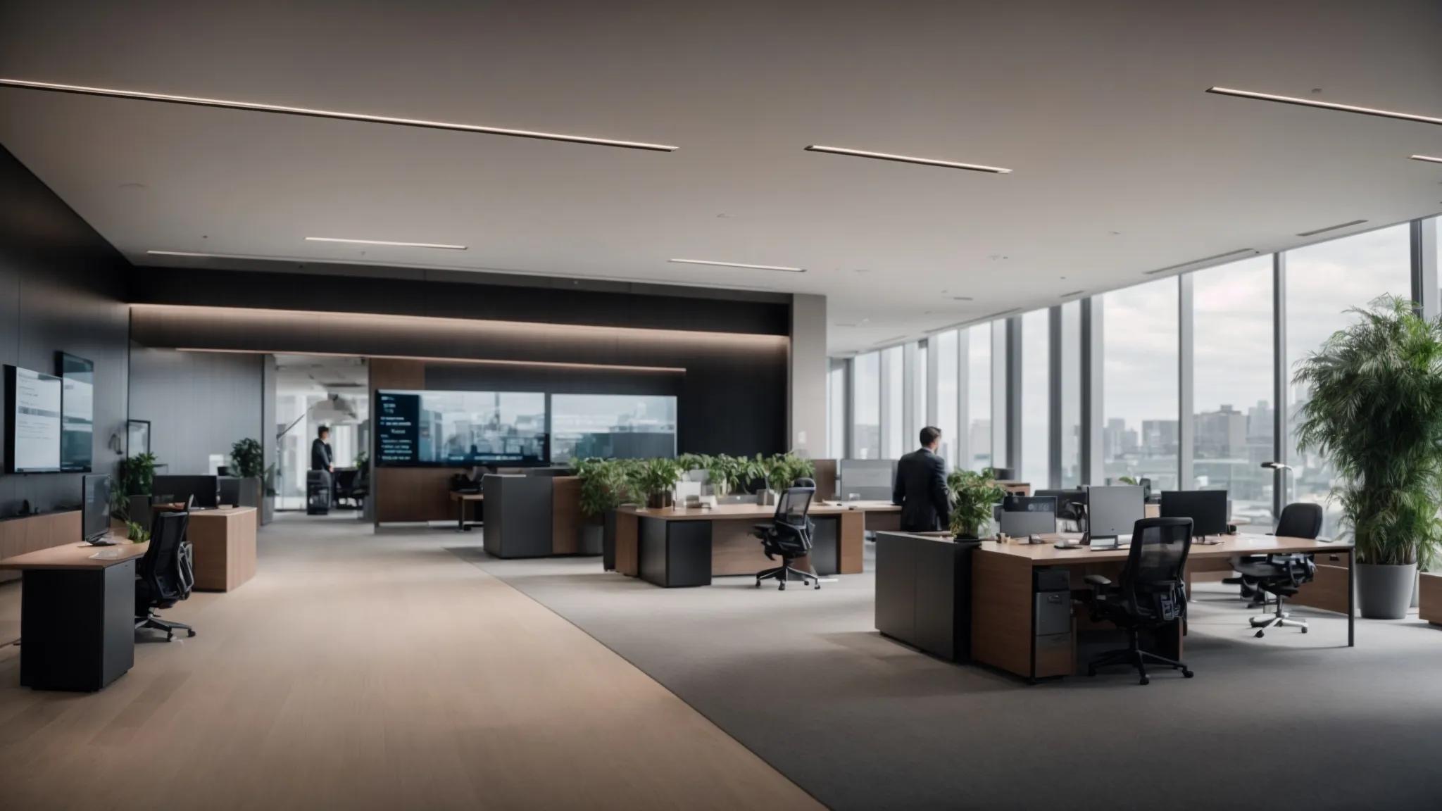 a sleek, modern office interior showcases a diverse team collaborating around a sophisticated digital dashboard displaying user access control metrics, emphasizing the importance of security innovation in today's business landscape.