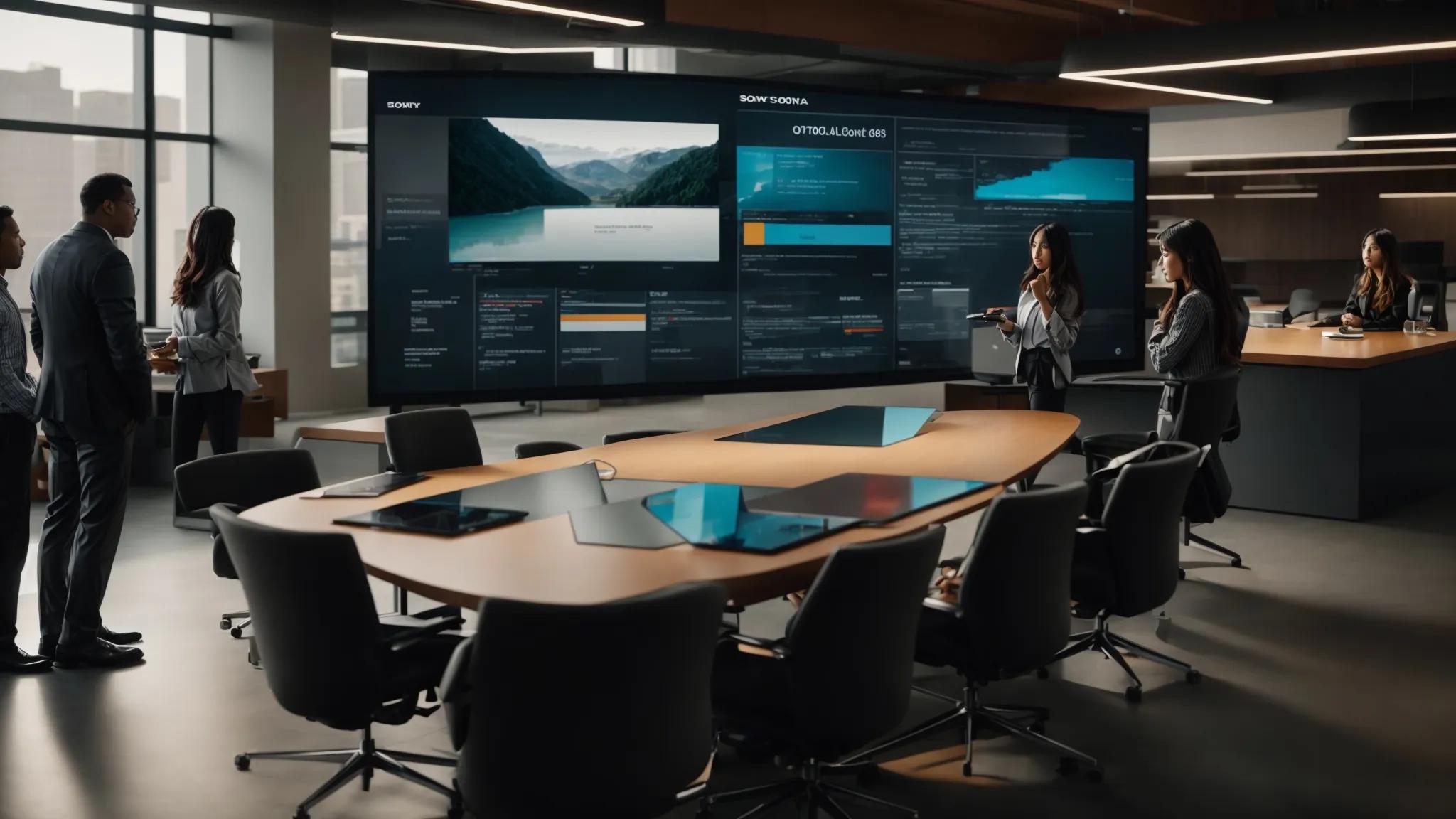a sleek, modern office setting features a large digital screen displaying the google drive interface, highlighting robust security features like encryption and compliance badges, while a few professionals engage in a discussion about data protection strategies around a polished conference table.