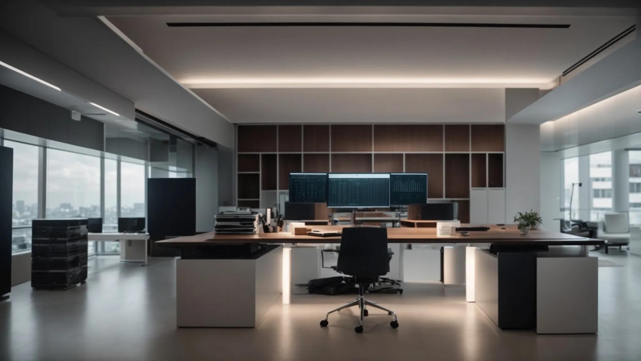 a sleek, modern office setting features a high-tech computer screen displaying encrypted cloud storage software, surrounded by neatly organized folders and documents representing estate planning essentials, illuminated by soft, focused lighting that emphasizes the importance of security and accessibility.