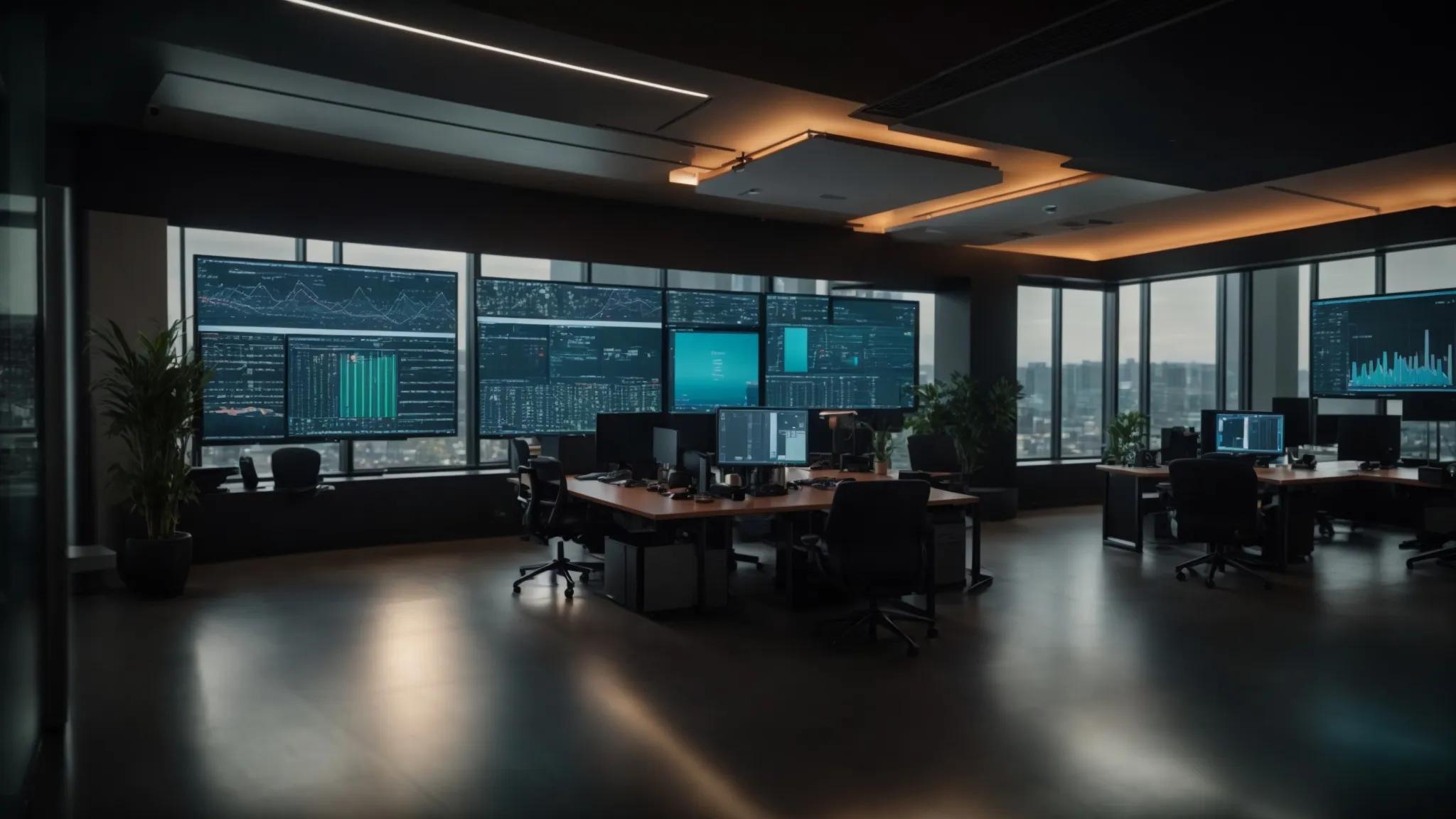 a sleek, modern office setting features a large digital display showcasing vibrant graphs and metrics of cybersecurity measures, with advanced security devices like biometric scanners and surveillance monitors visibly integrated into the workspace, emphasizing the critical importance of safeguarding sensitive information against cyber threats.
