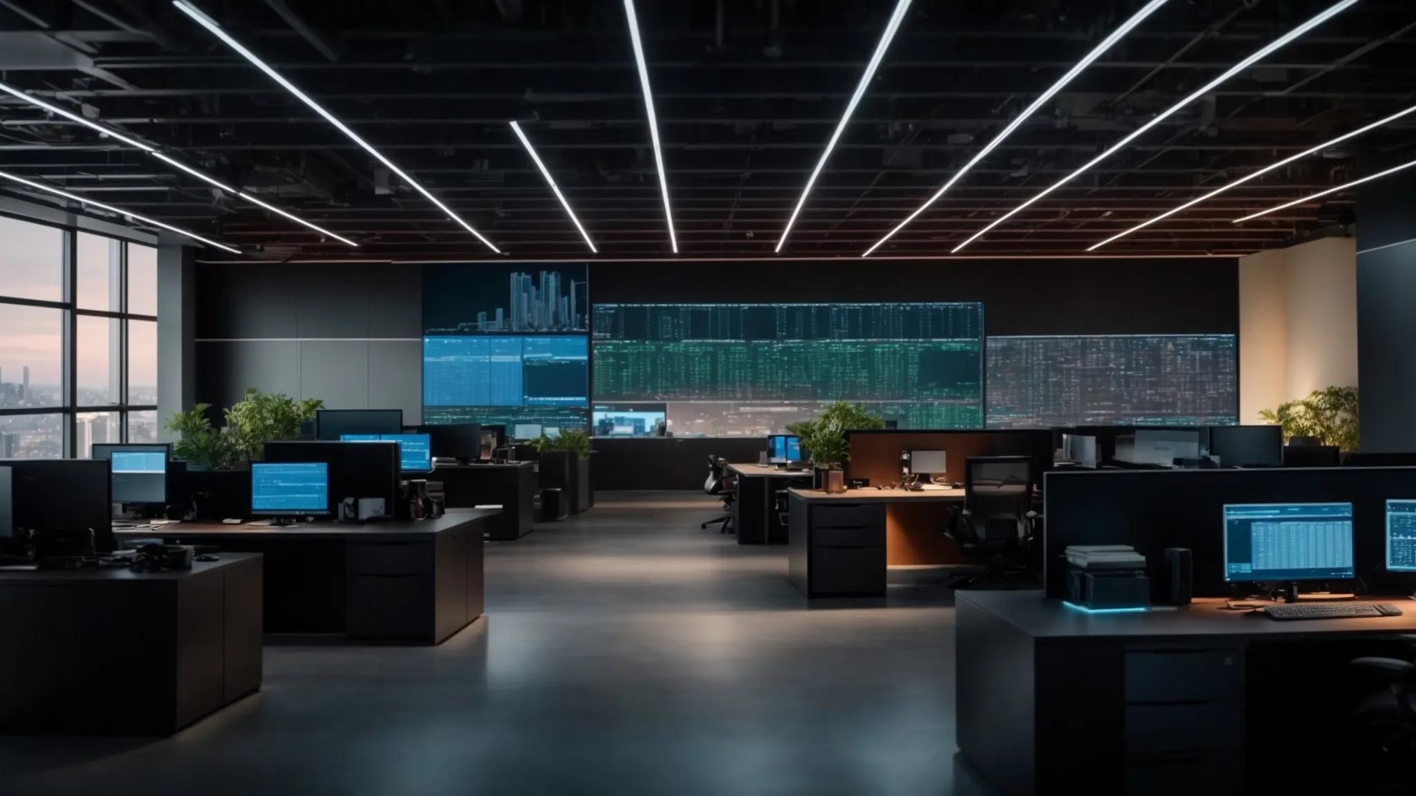 a sleek, modern office setting featuring a high-tech workstation displaying vibrant digital backup schematics and encrypted data visuals, illuminated by focused overhead lighting, symbolizing the reliability and security of advanced data backup solutions.