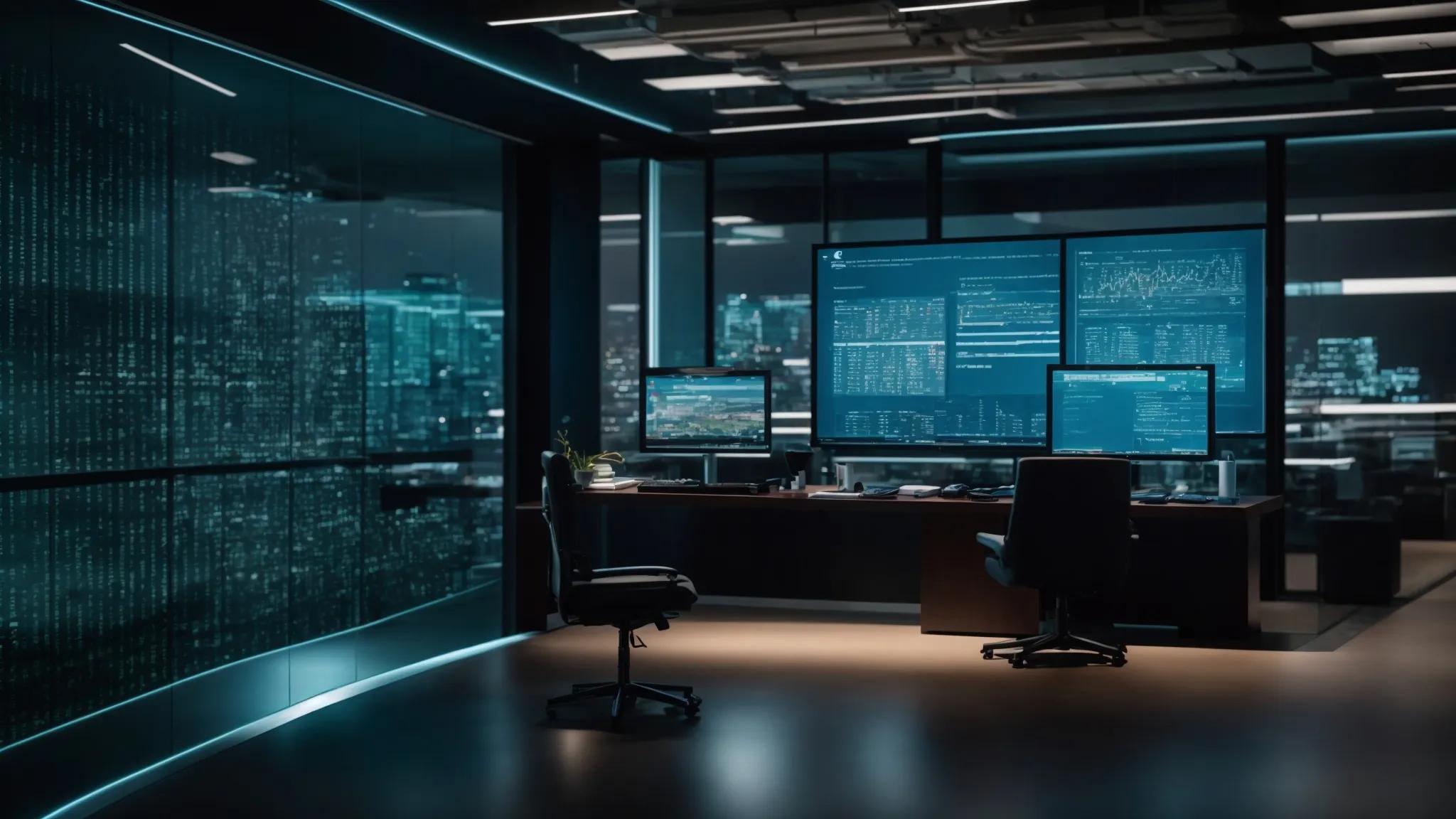 a sleek, modern office setting showcases a secure digital workspace, featuring a glowing computer screen displaying complex encryption algorithms, surrounded by futuristic data protection visuals, emphasizing the advanced security measures of docuguardian for safeguarding personal estate documents.