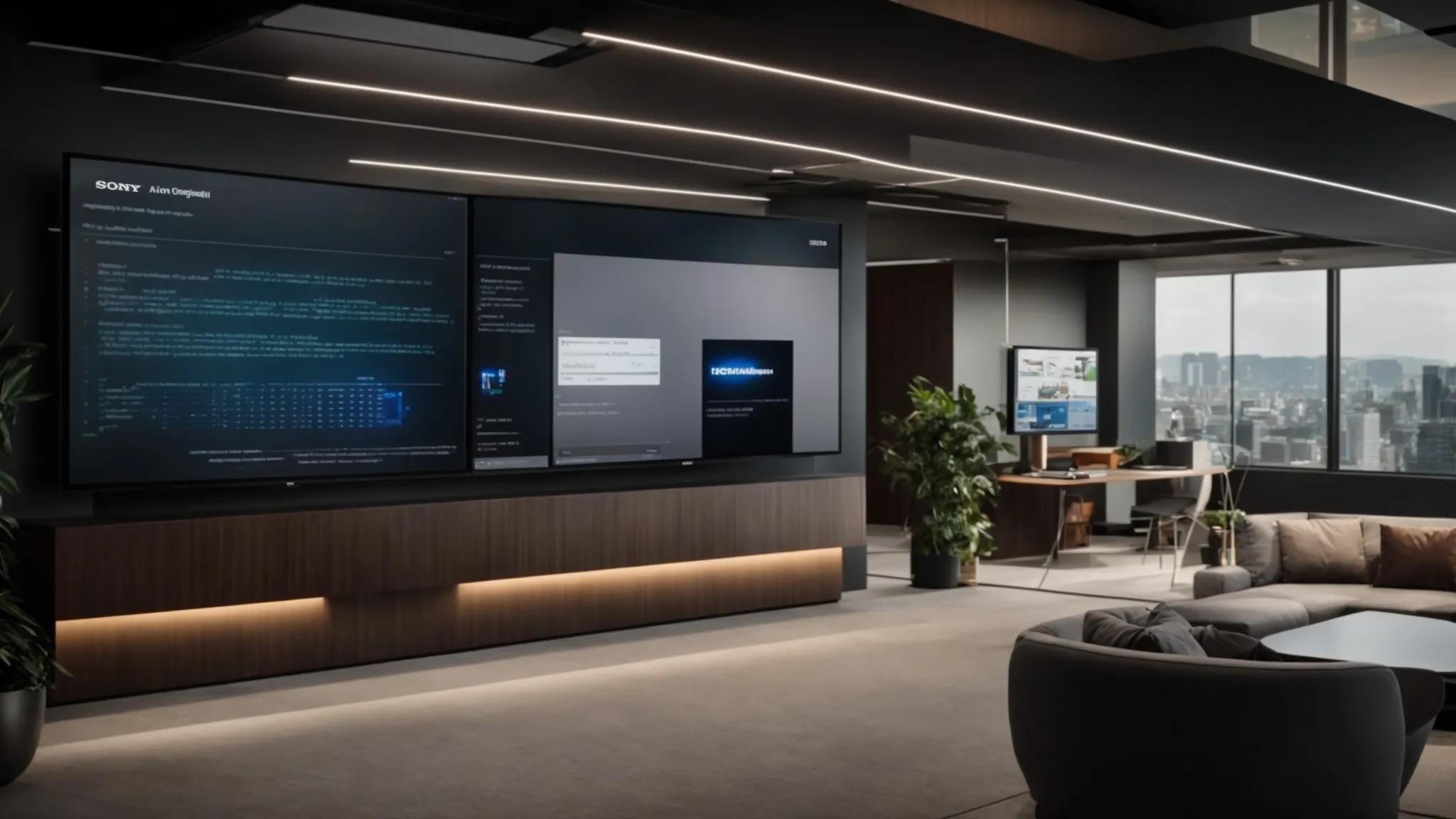 a sleek, modern office setting showcases a sophisticated user access control interface on a large digital screen, highlighting advanced security features like multi-factor authentication and role-based access within a secure document management system, symbolizing the cutting-edge technology behind data protection.