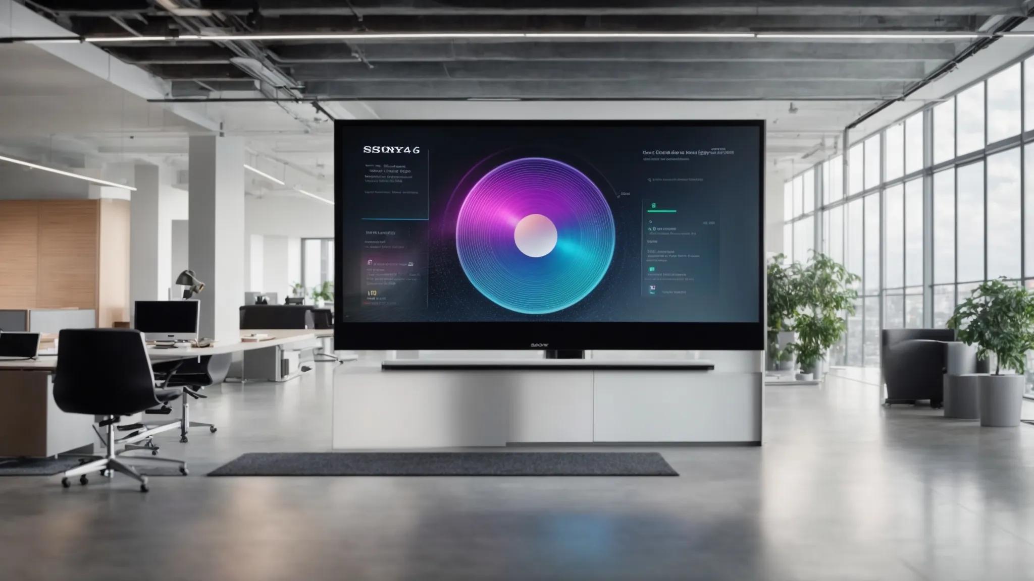 a sleek, modern office setting showcases a large digital screen displaying a secure cloud interface, with vibrant data encryption graphics and real-time analytics, emphasizing the innovative power of cloud-integrated document backup solutions.
