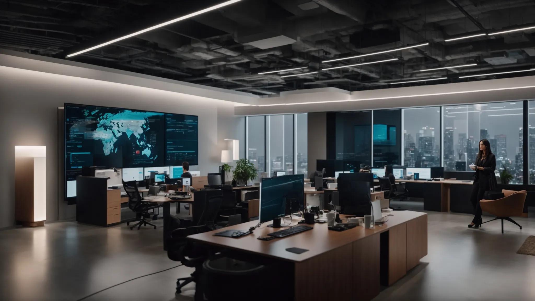 a sleek, modern office setting showcases a large digital screen displaying real-time data analytics on secure cloud storage trends, illuminated by soft artificial lighting that highlights the innovative technology being discussed.