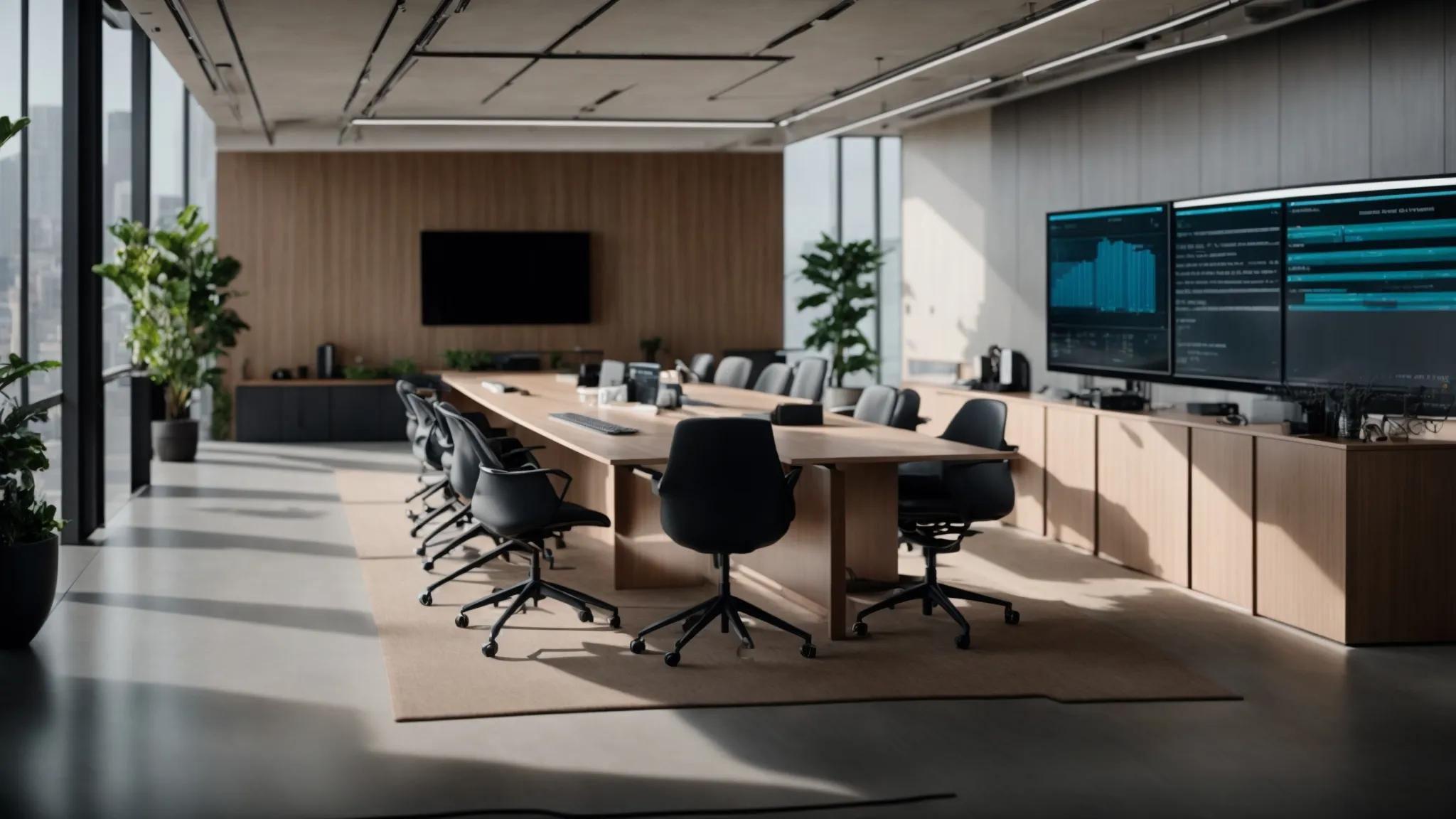 a sleek, modern office setting showcases a large digital display illustrating the effectiveness of hybrid backup solutions, with professionals engaged in a dynamic discussion around a central conference table, emphasizing data security and recovery strategies.