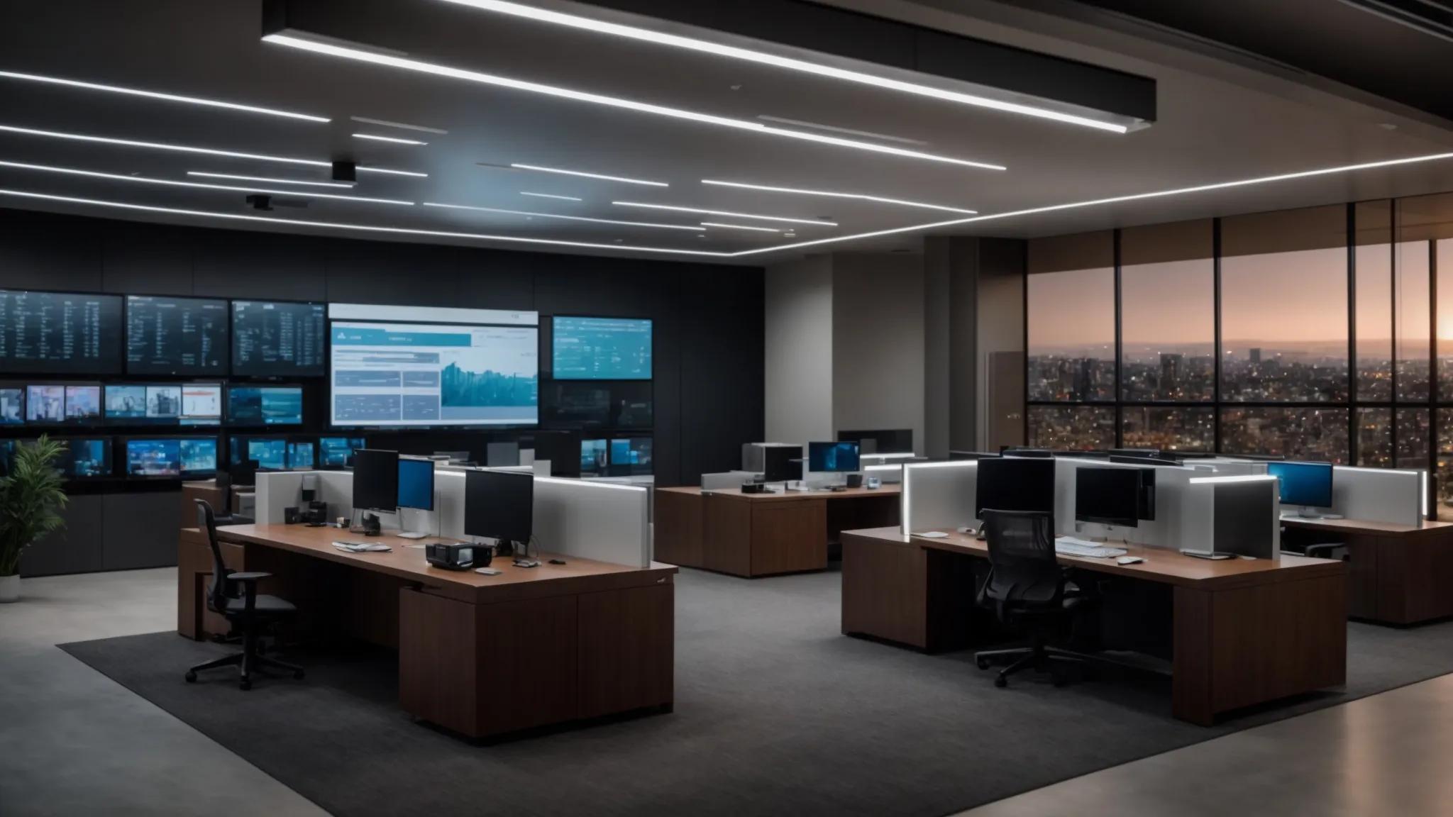 a sleek, modern office setting showcases a high-tech secure document storage solution with digital screens displaying compliance data, conveying an atmosphere of trust and advanced data protection.